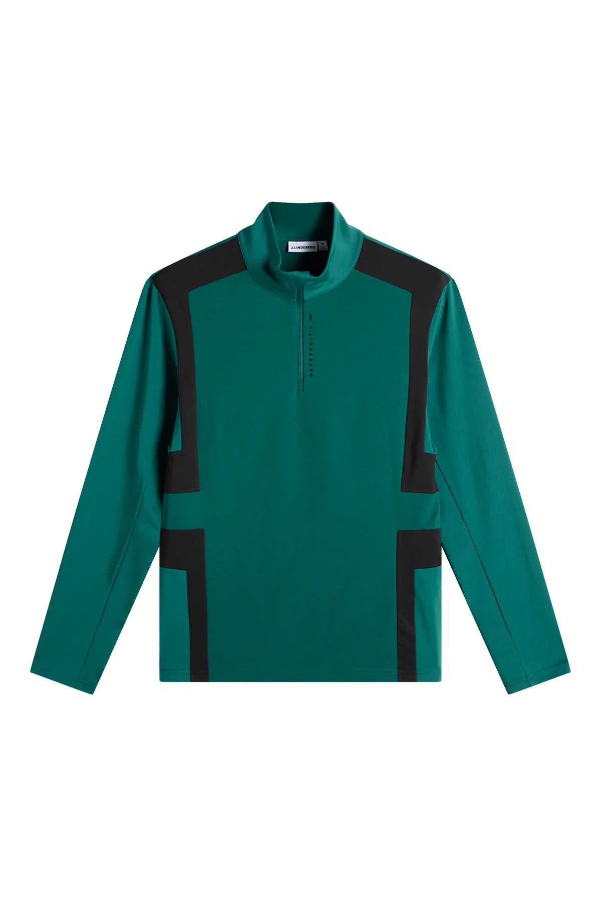 Teal quarter-zip mid layer top with black color-blocking panels