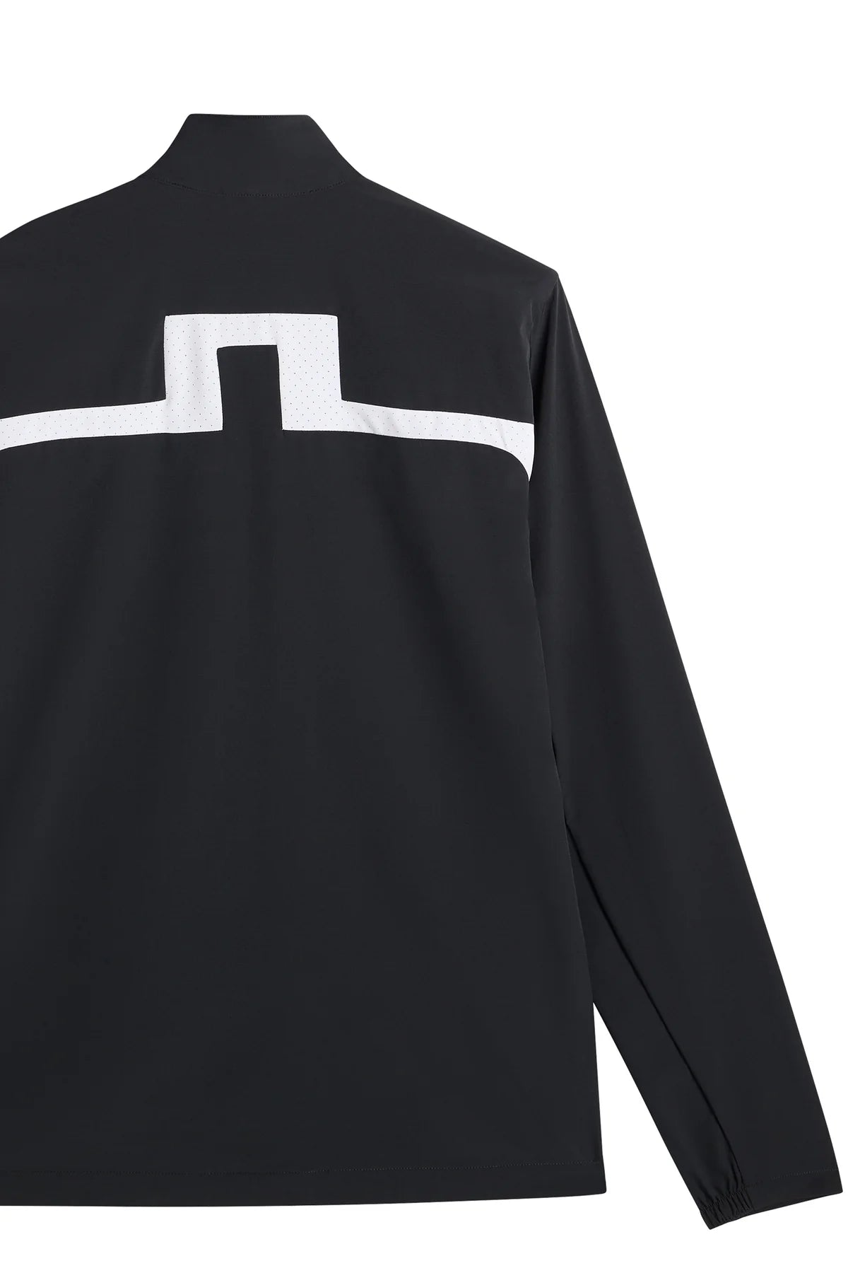 Black jacket with white stripe graphic across upper back.
