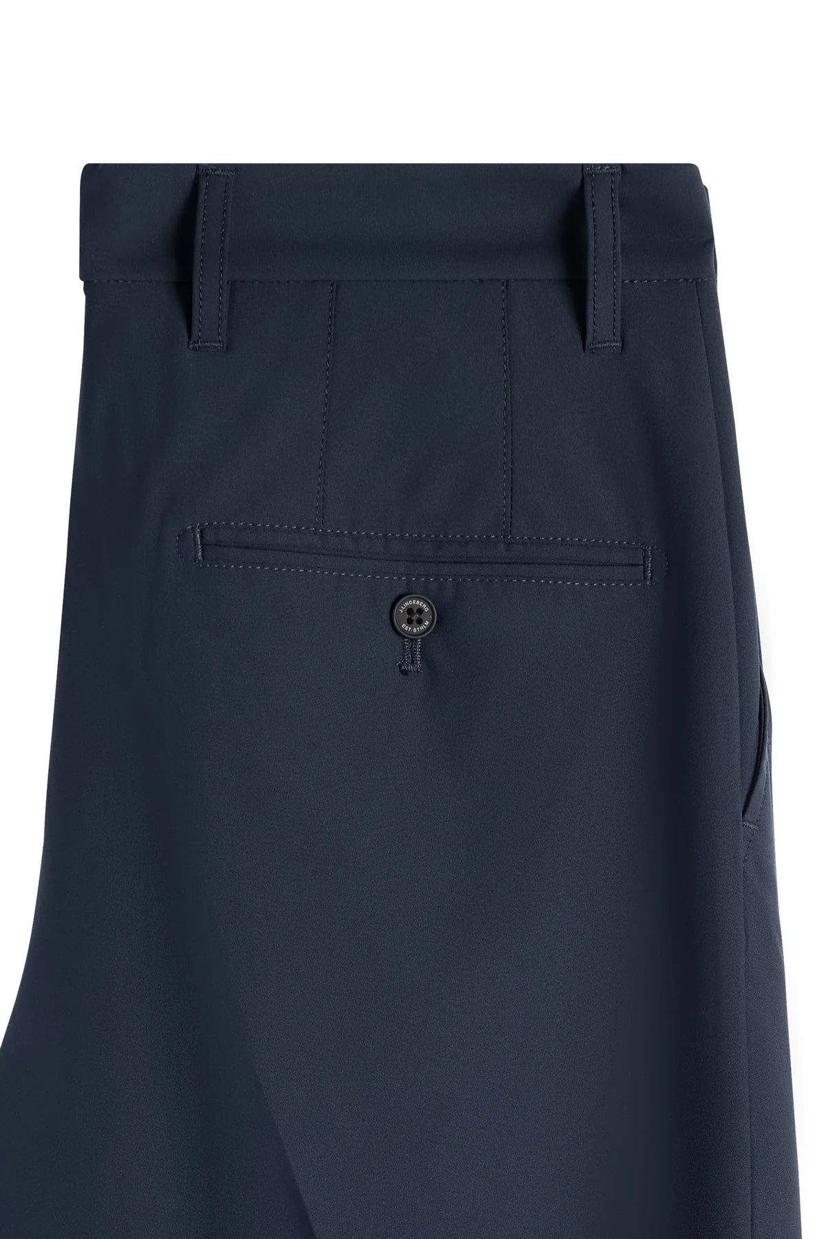 Navy trouser waistband with belt loops, zip fly, and front button
