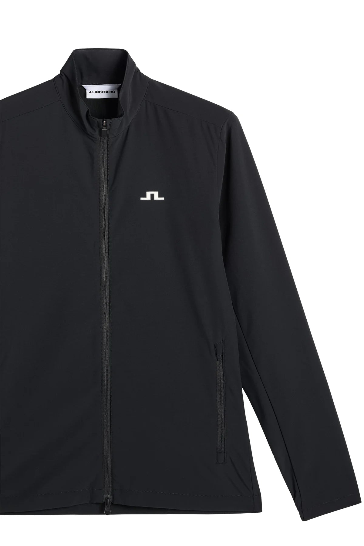Black hybrid jacket front with full zipper, stand collar, and JL chest logo.