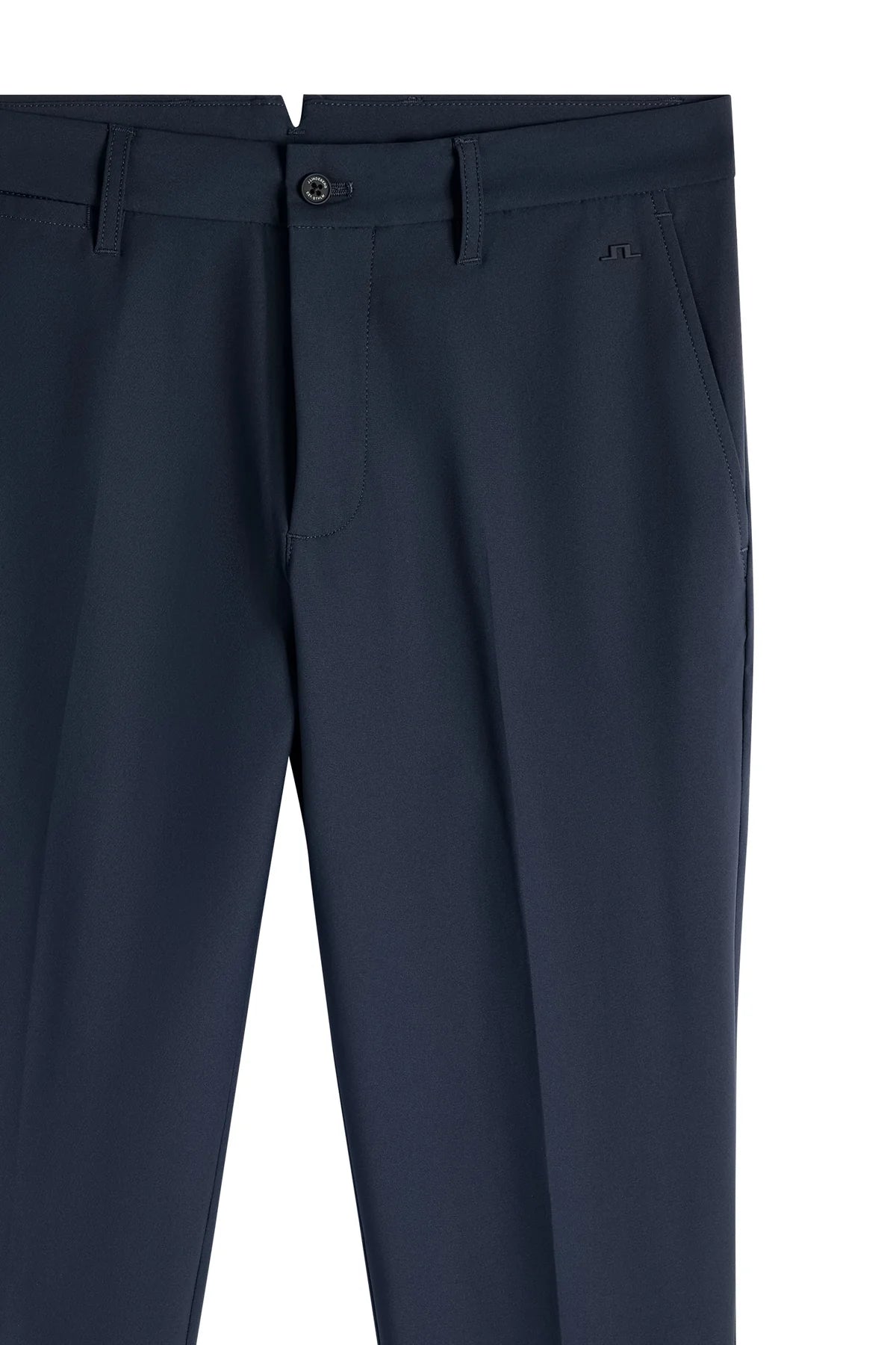 Navy dress pants front view with belt loops, button closure, and side pockets