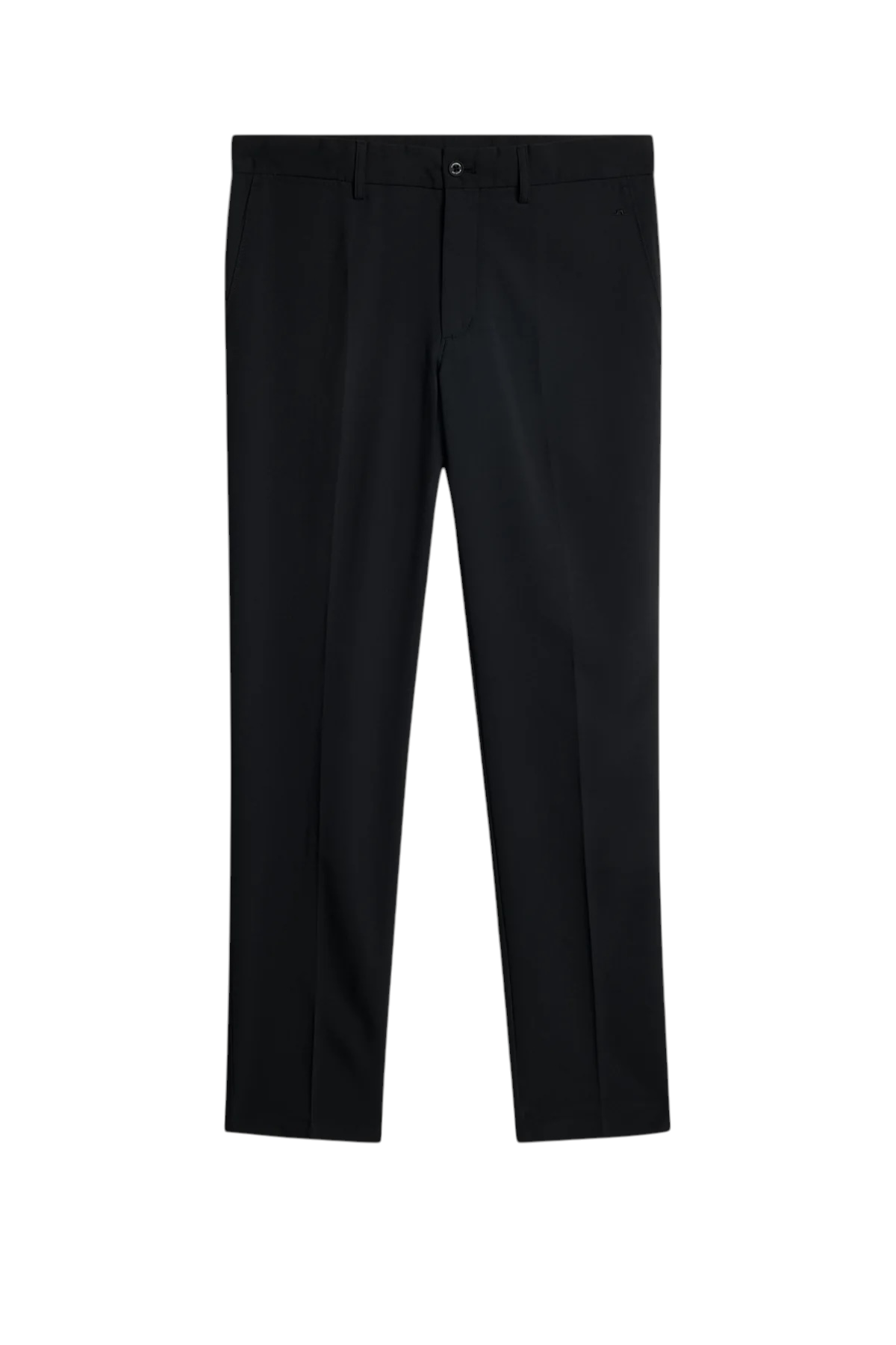 Black tailored pants with button closure, belt loops, and straight-leg fit