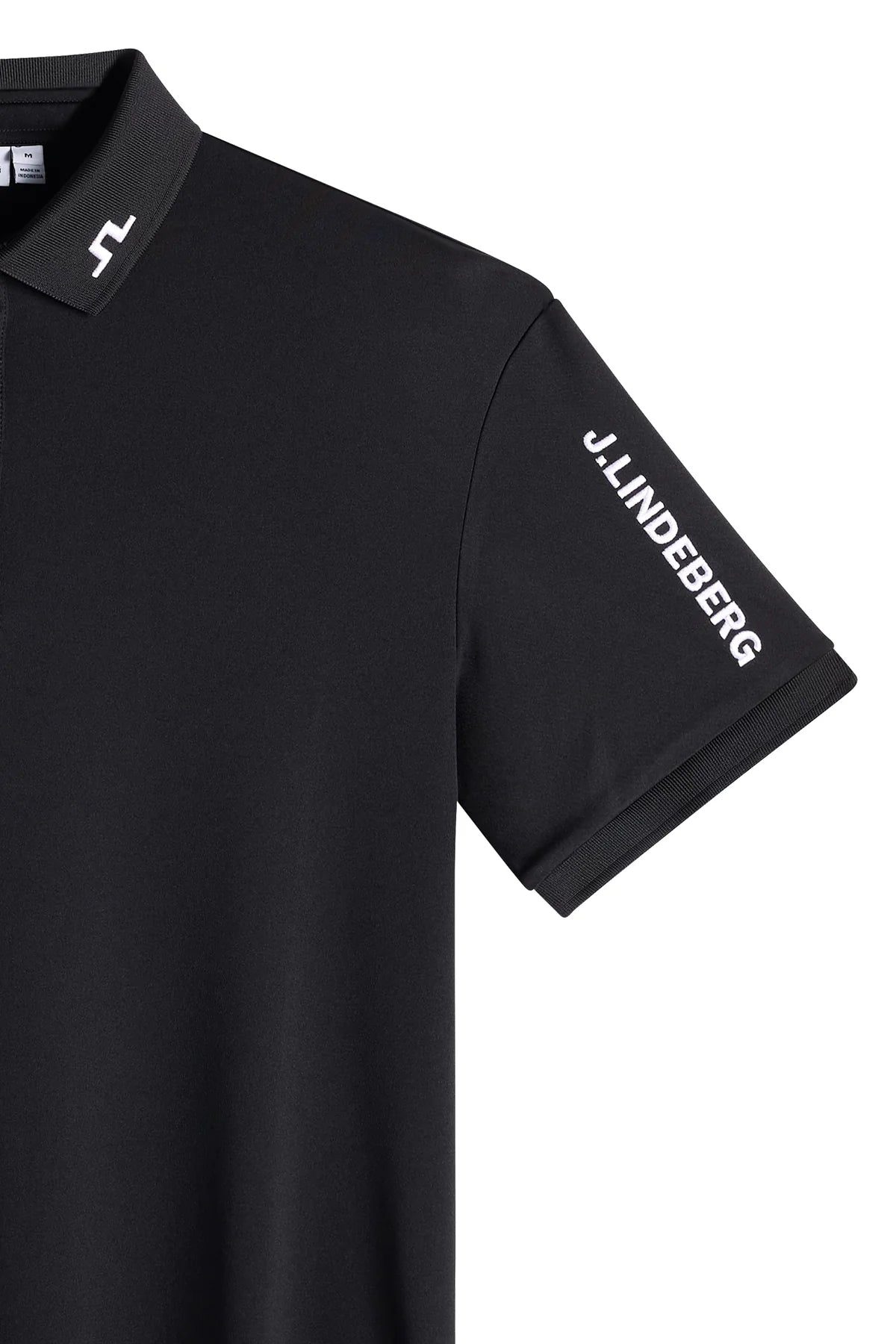 Black polo shirt sleeve with J.Lindeberg logo print and ribbed collar