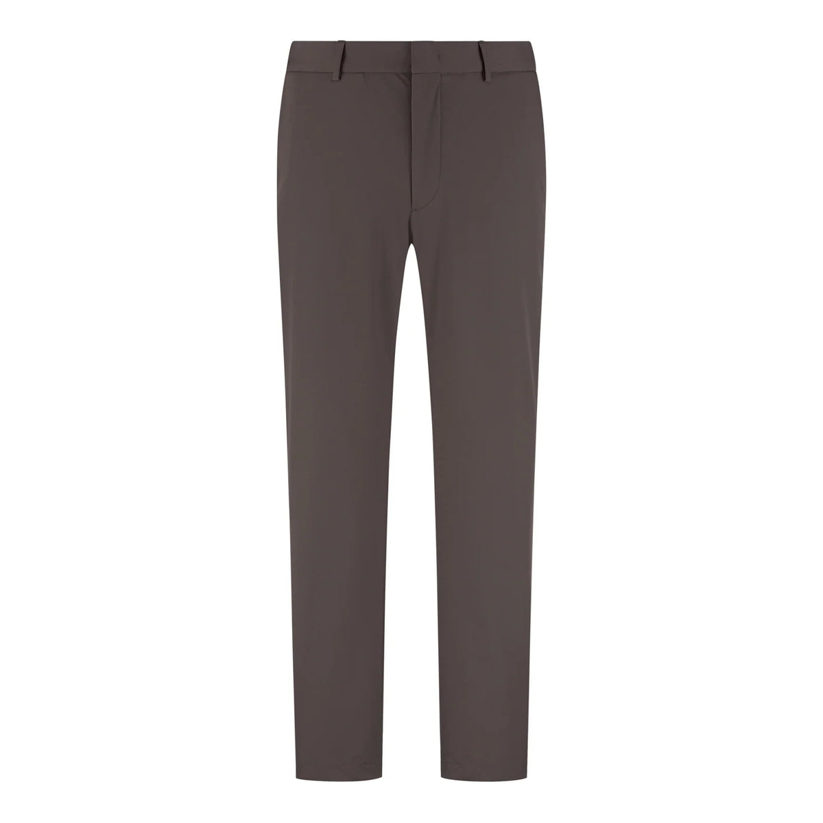 Dark brown trousers with clean waistband and straight leg silhouette