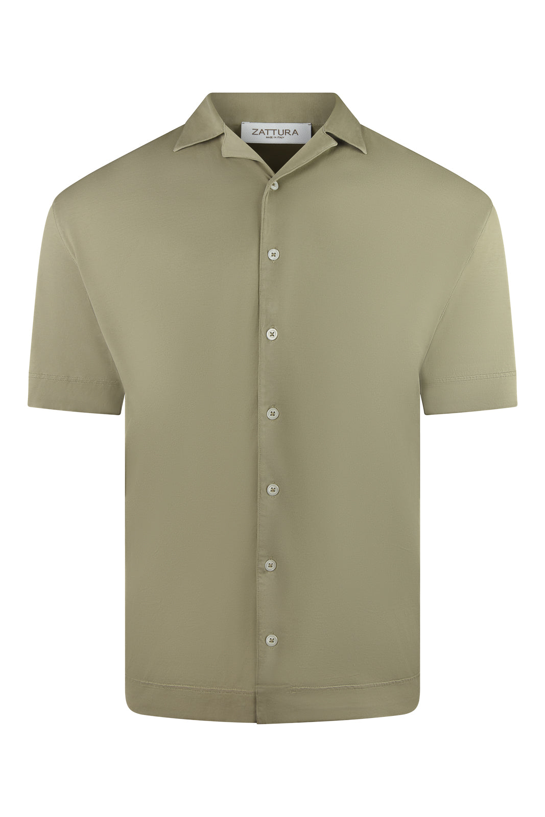 Khaki relaxed-fit short-sleeve Cuban shirt with button front and pointed collar