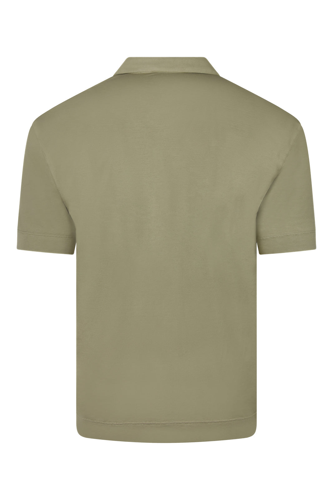 Khaki short-sleeve Cuban shirt back view with smooth fabric and straight hem