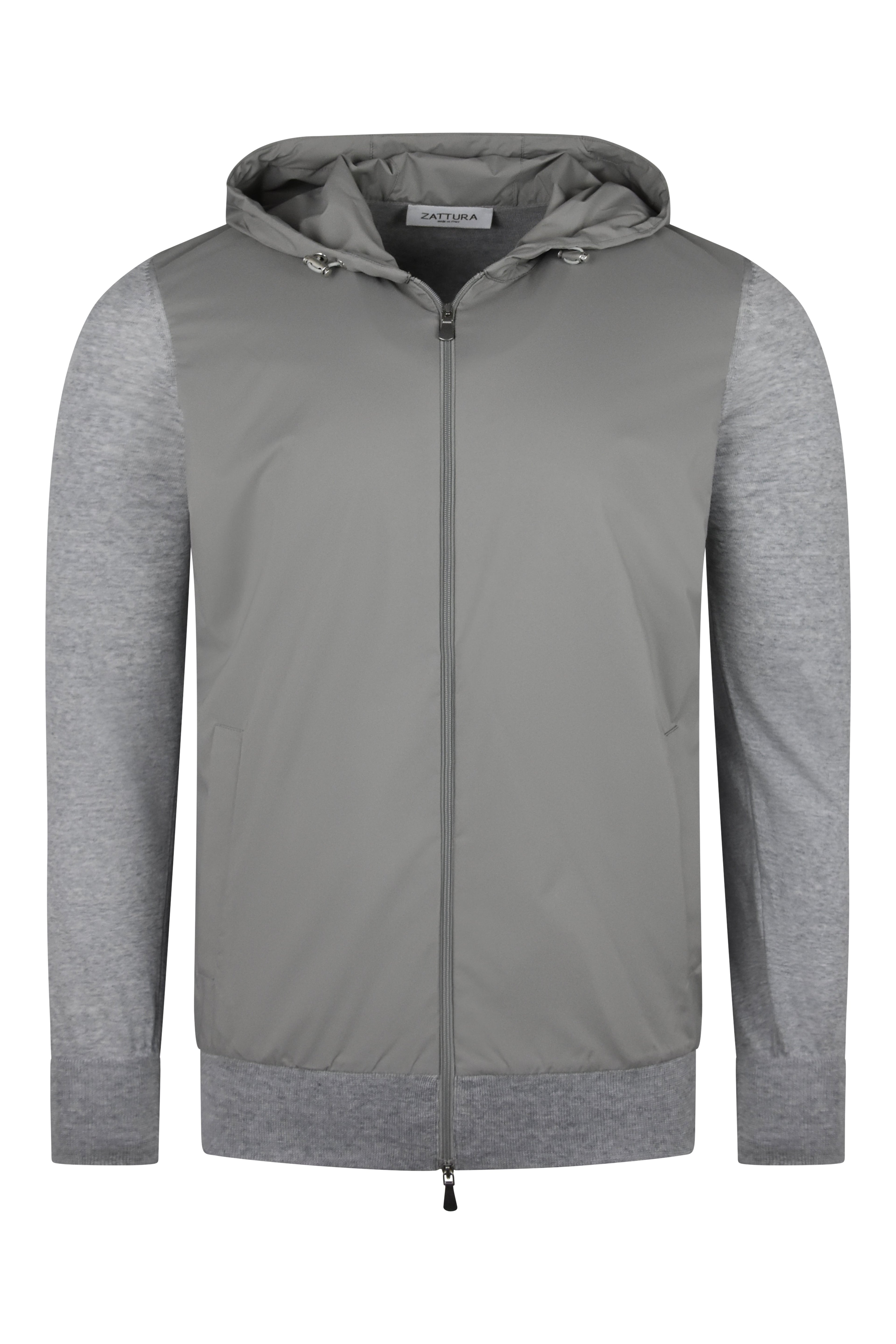 Light grey hooded zip hybrid jacket with heather grey knit sleeves