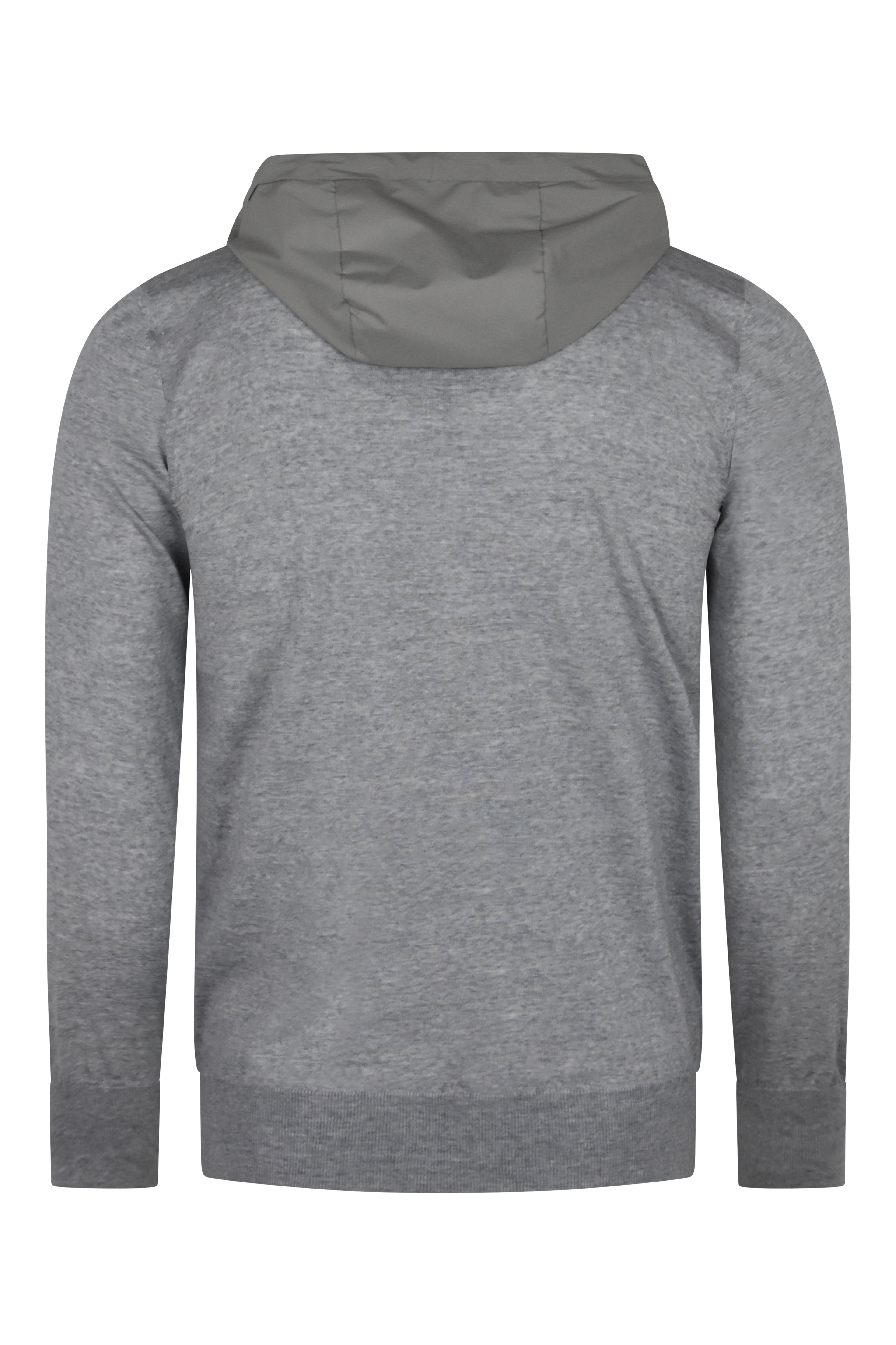 Back view of hooded hybrid jacket with heather grey knit sleeves