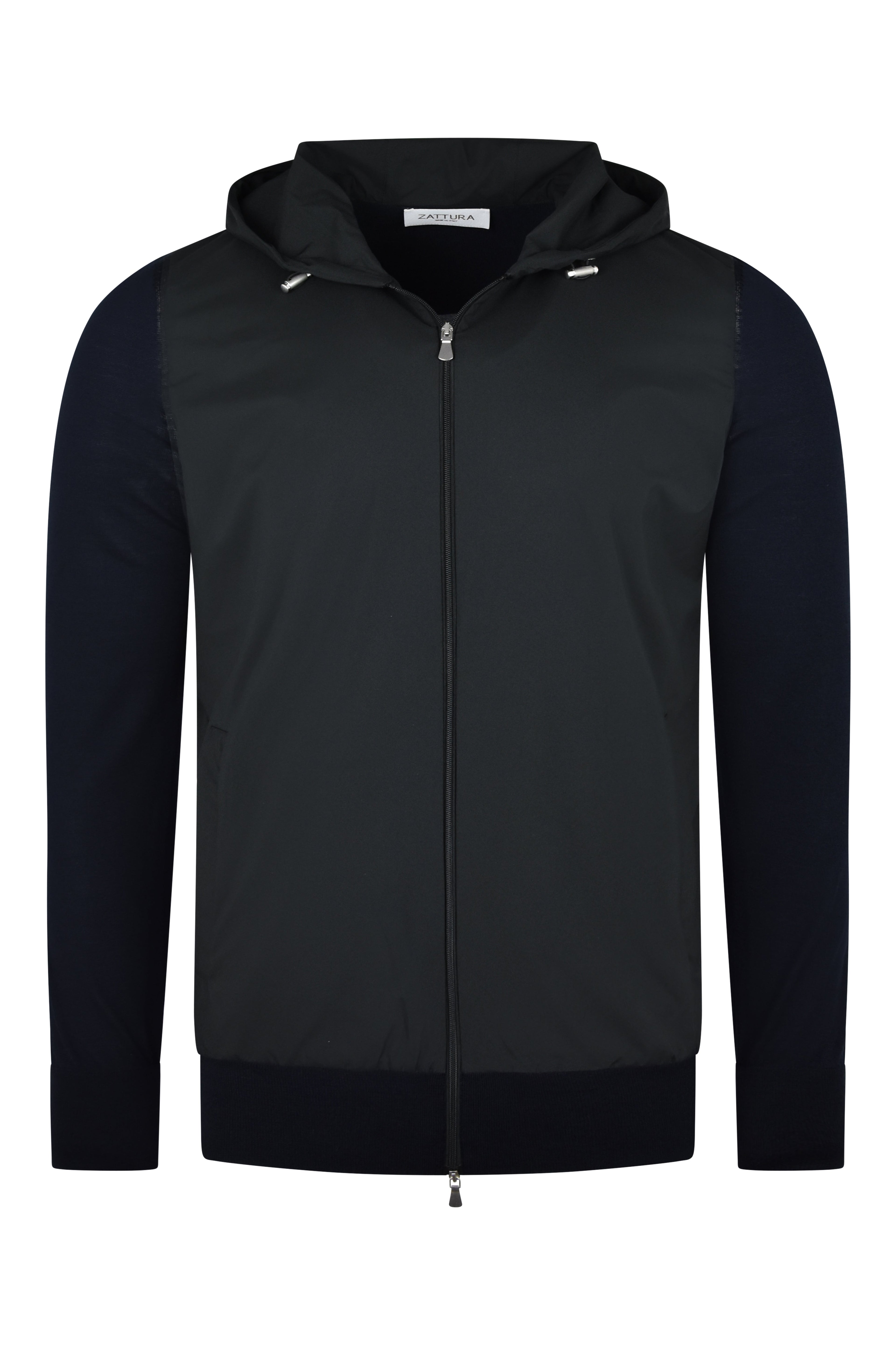 Navy zip-up hooded jacket with ribbed hem and cuffs