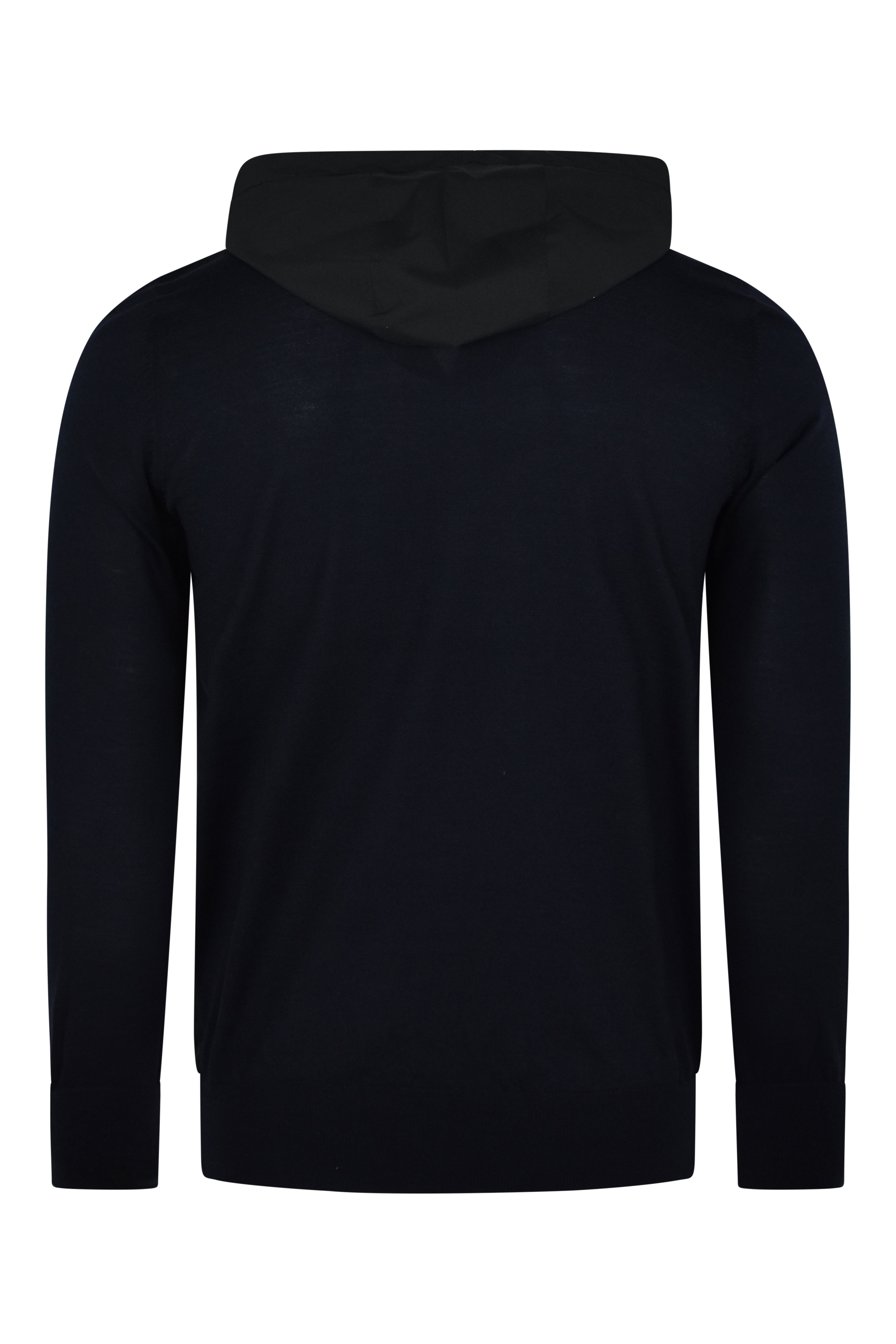 Navy zip-up hooded jacket, back view with attached hood