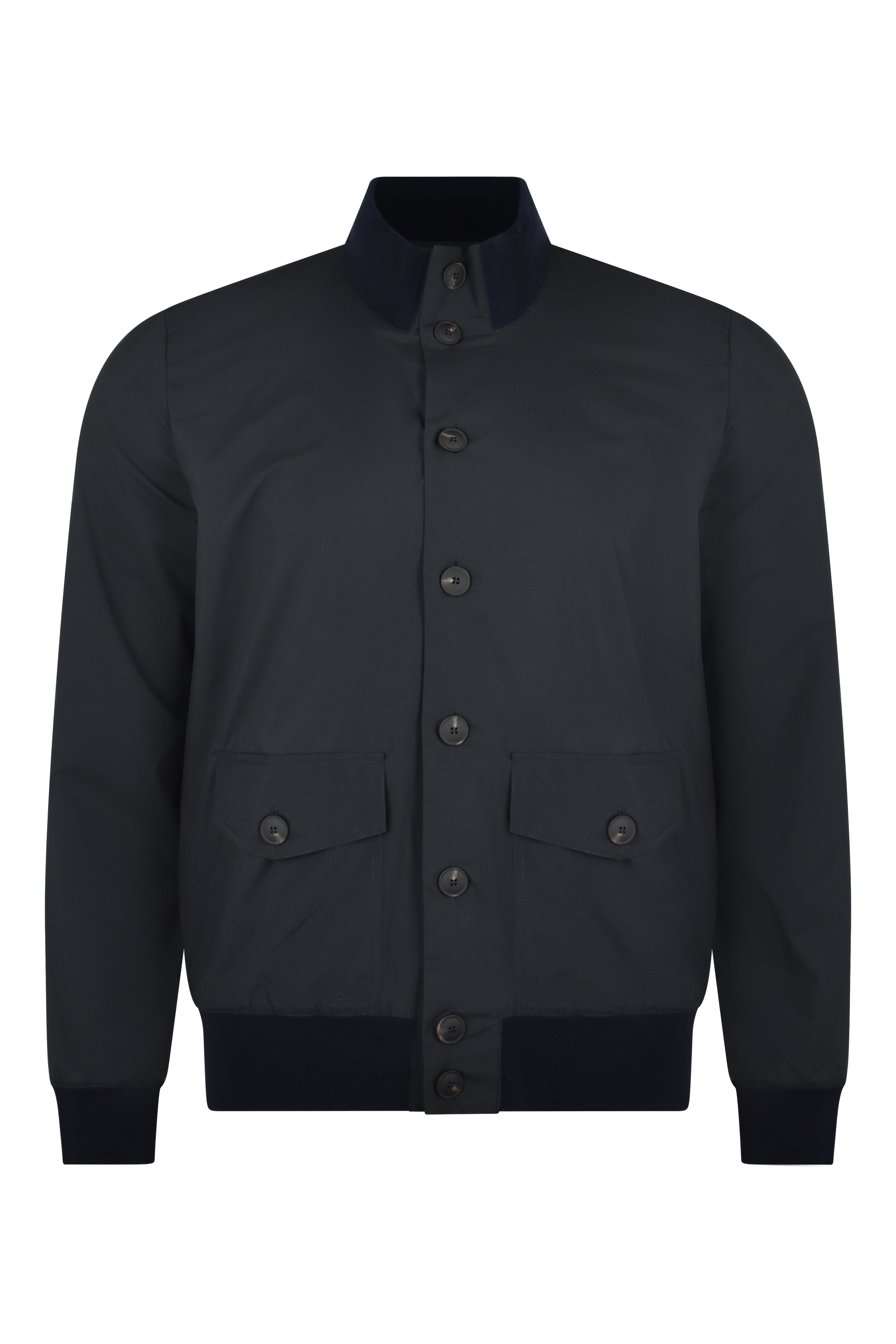 Navy tech bomber jacket with stand collar and front button placket