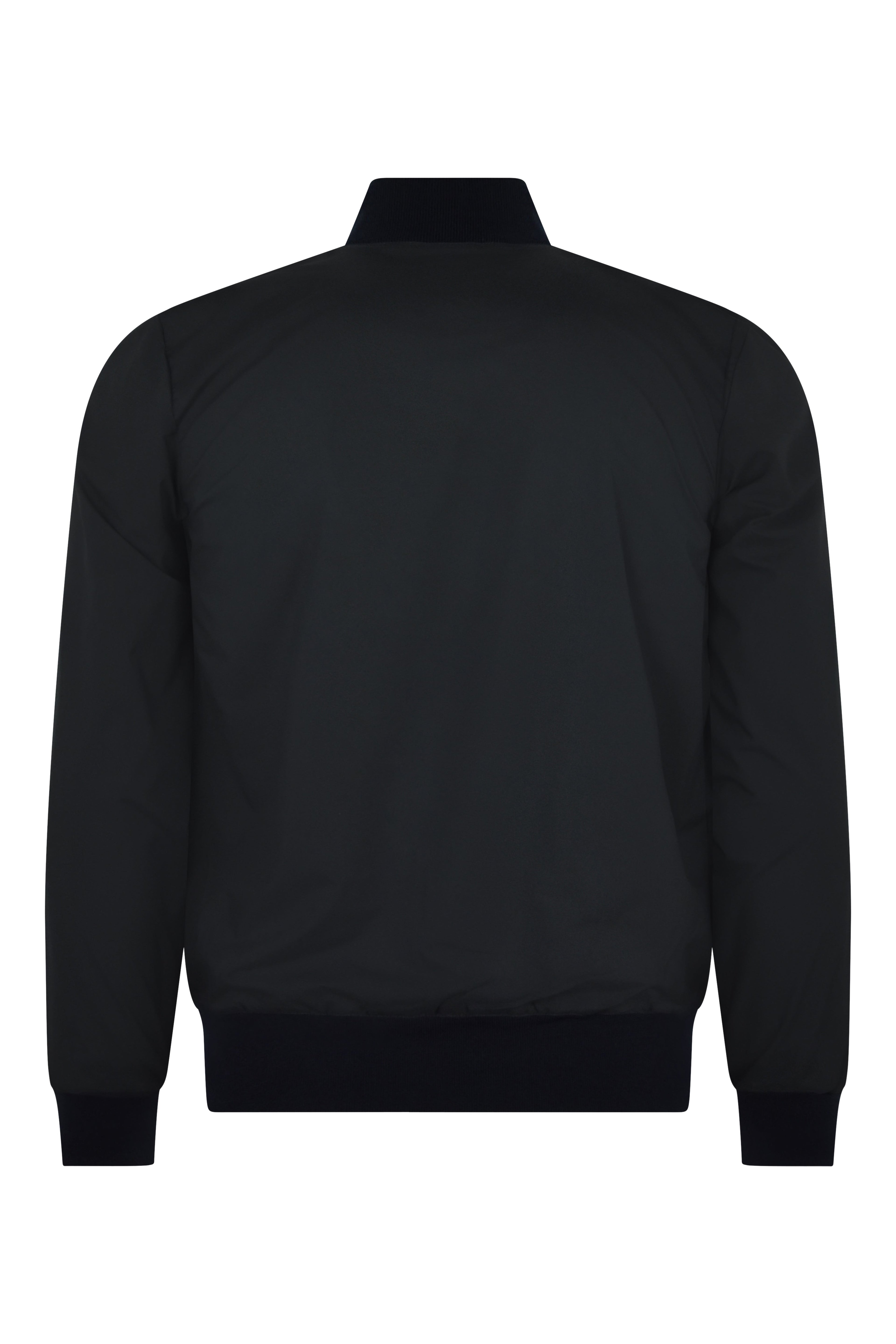 Navy tech bomber jacket back view with ribbed hem and long sleeves