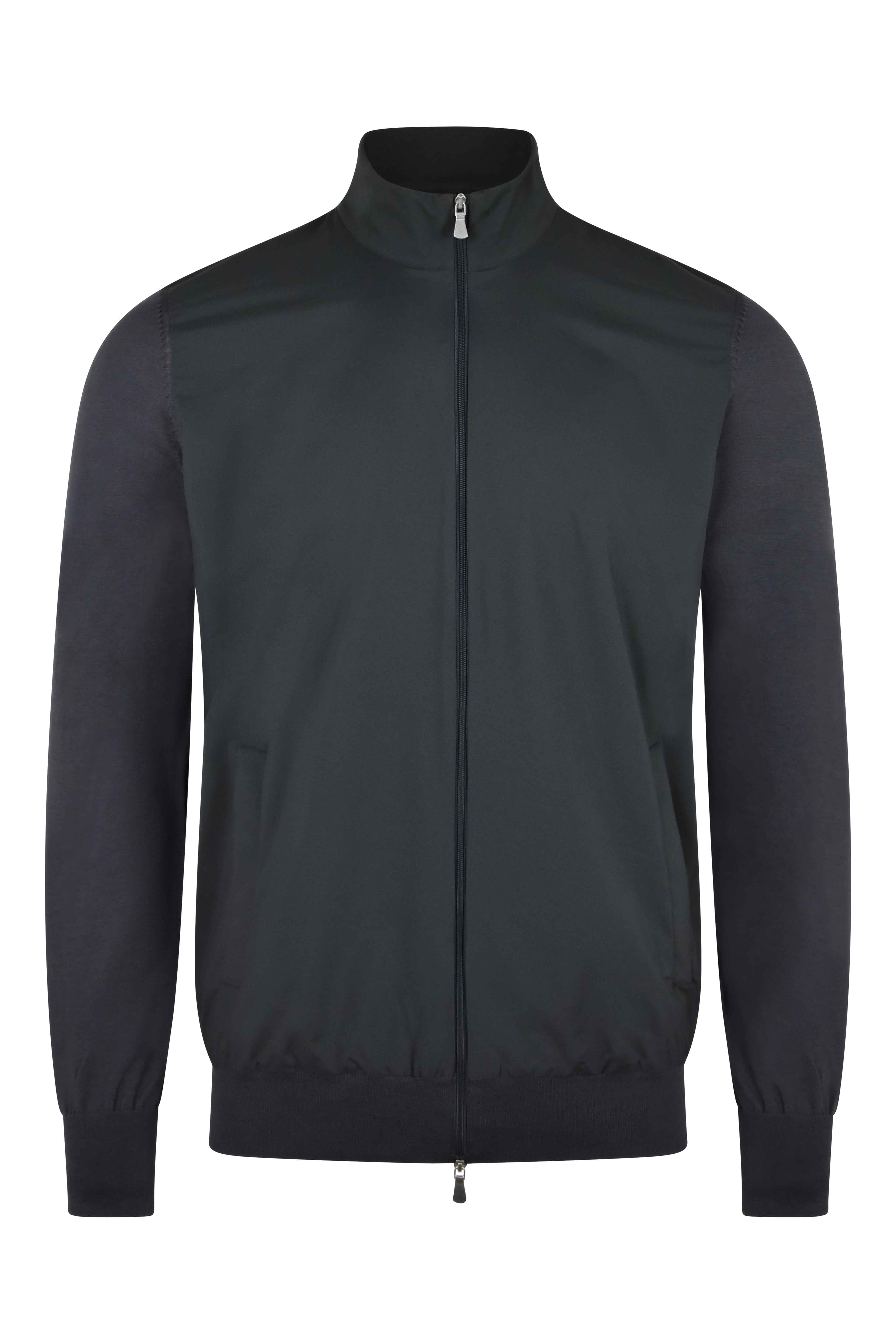 Dark graphite hybrid jacket with stand collar and full zip front