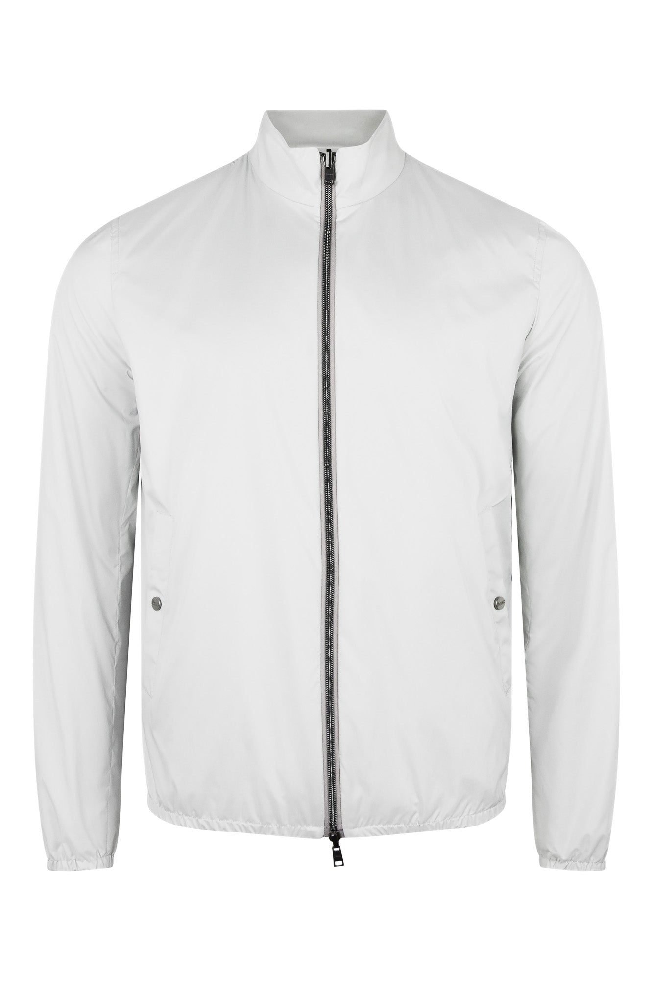 Reversible bomber jacket in light gray with center front zip and stand collar