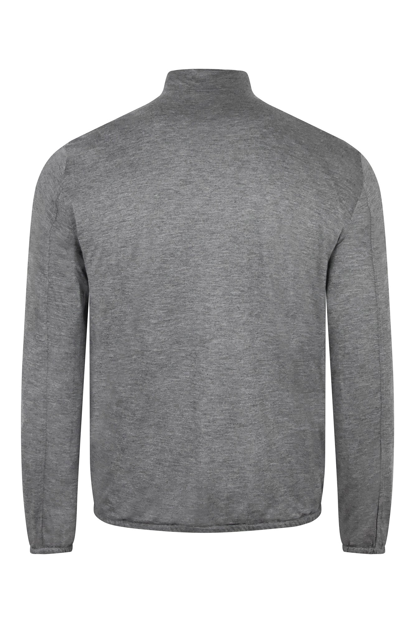 Reversible bomber jacket, heather gray back view with stand collar and elastic hem