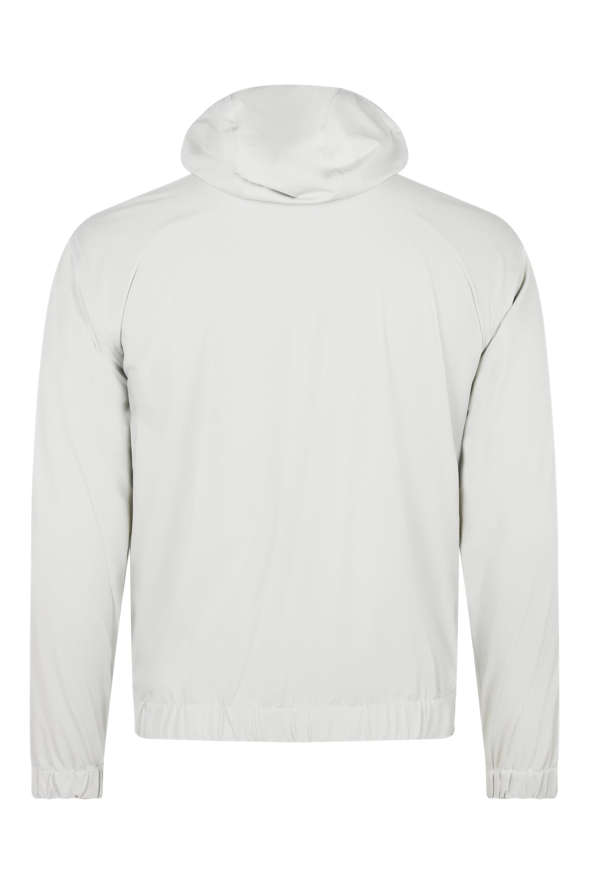 Off-white hooded nylon jacket, back view, gathered hem and drawstring