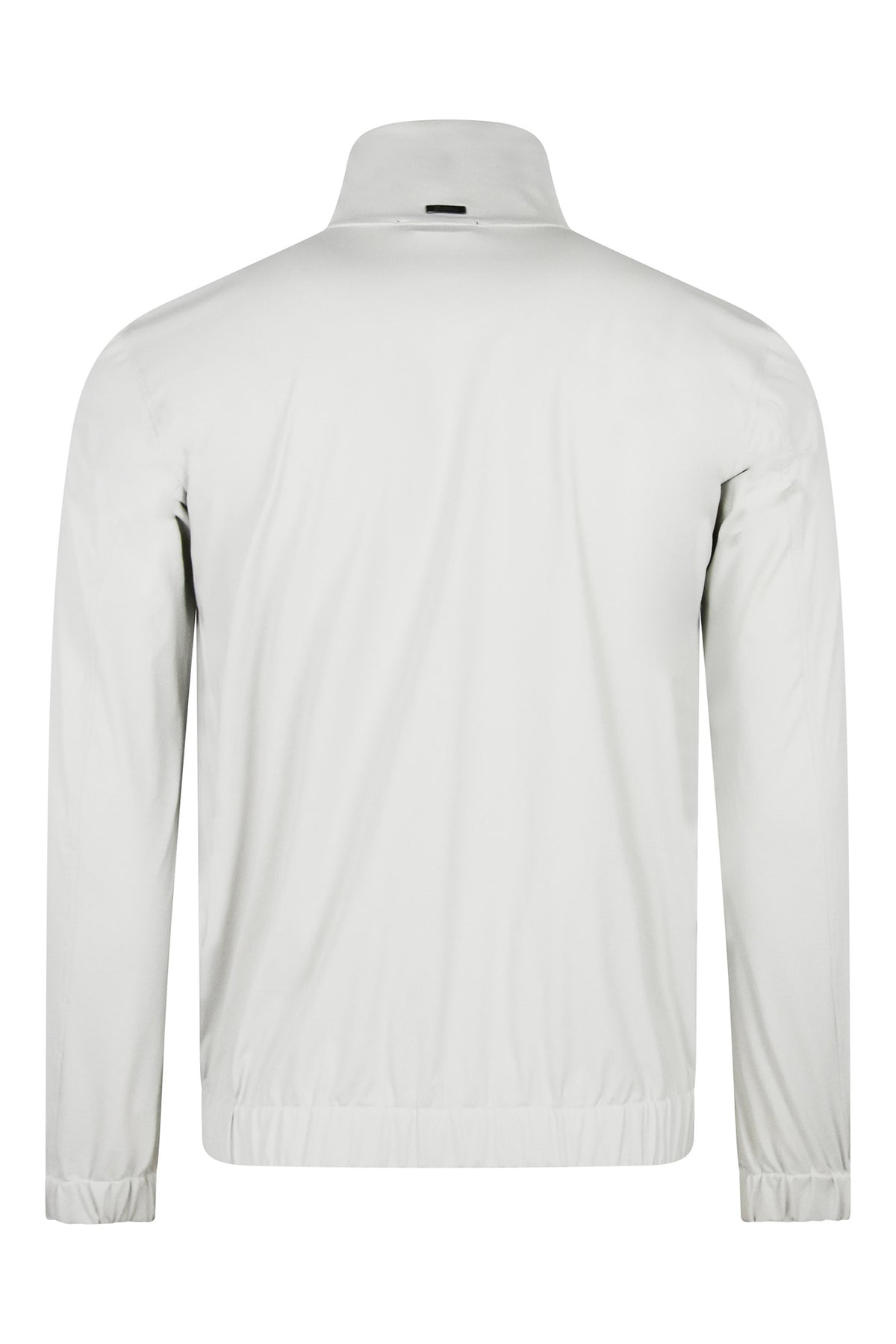 Off-white nylon bomber jacket back view with ribbed hem and cuffs