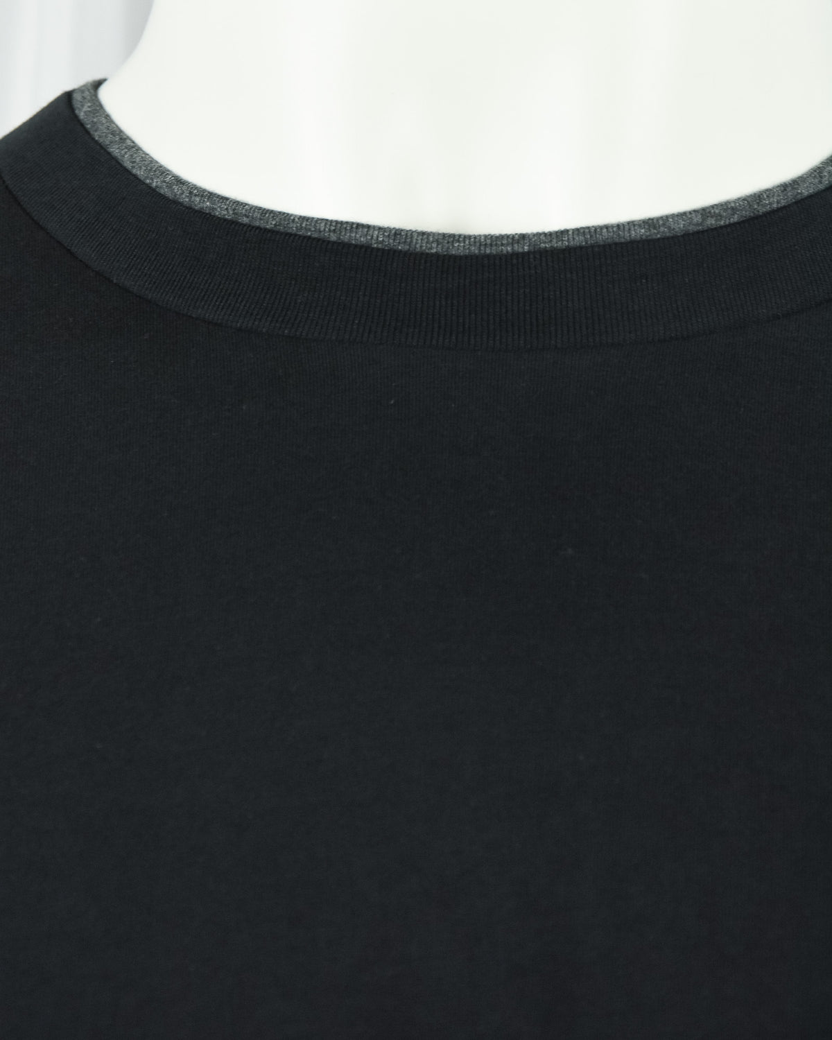 Black crew-neck T-shirt ribbed collar close-up