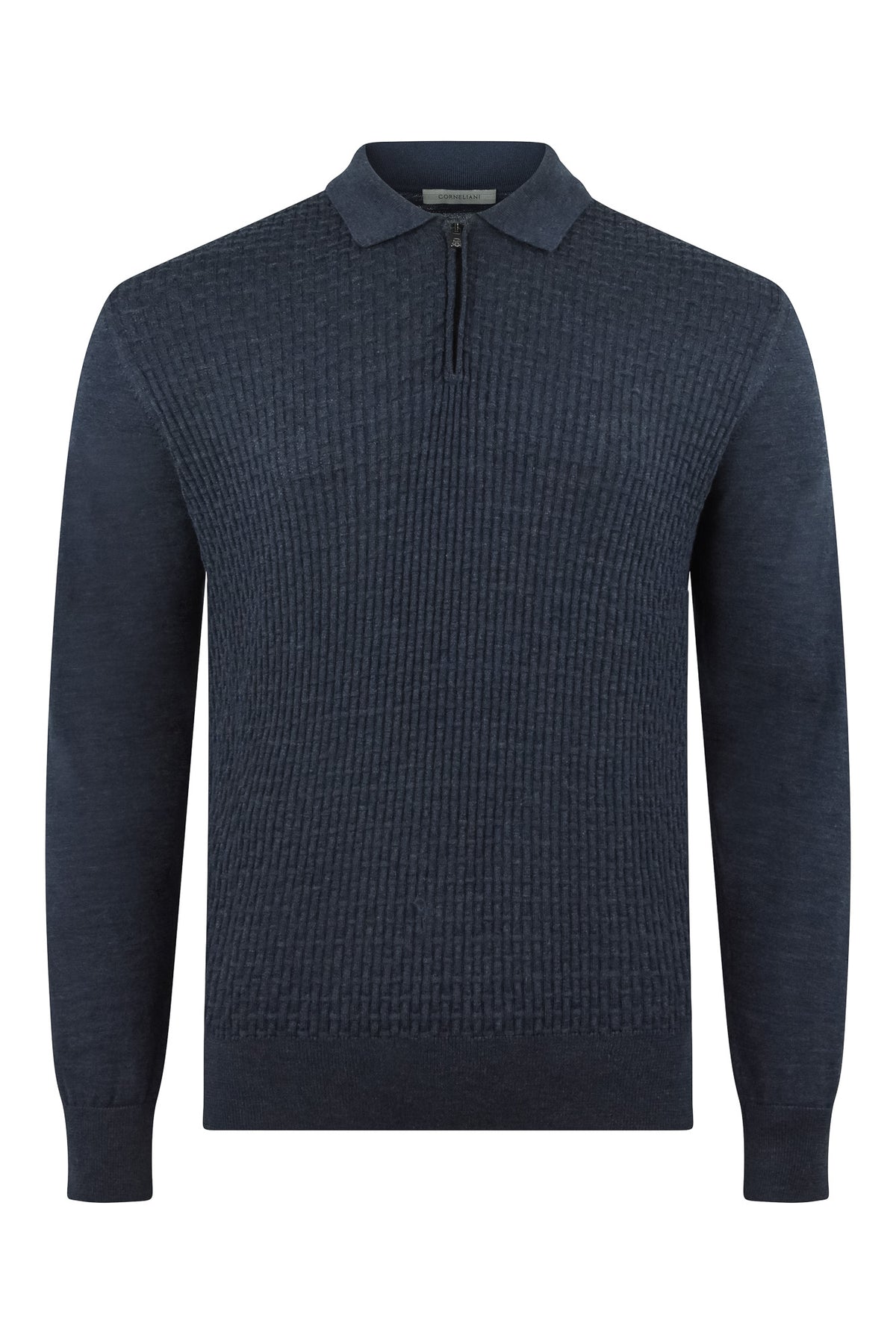Blue long-sleeve textured zip polo with half-zip placket and ribbed collar