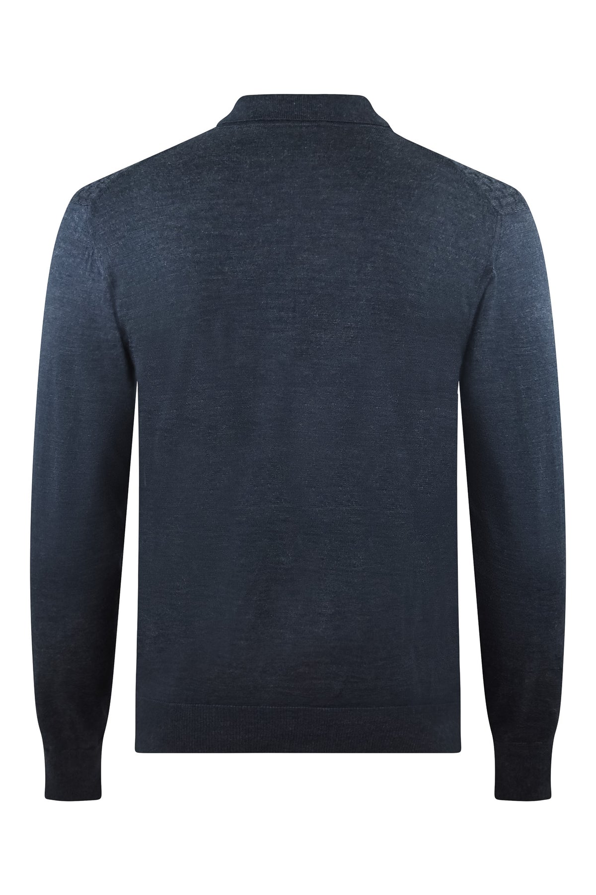 Blue long-sleeve textured zip polo back view with ribbed hem