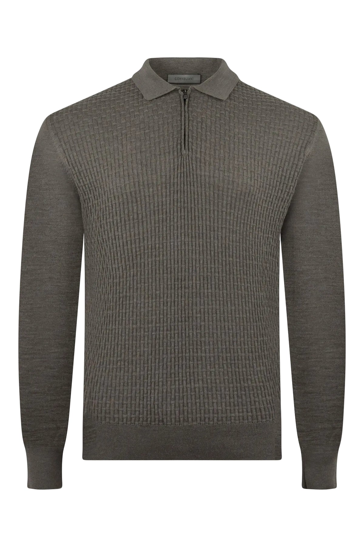 Corneliani taupe long-sleeve textured zip polo with stand collar and zipper placket