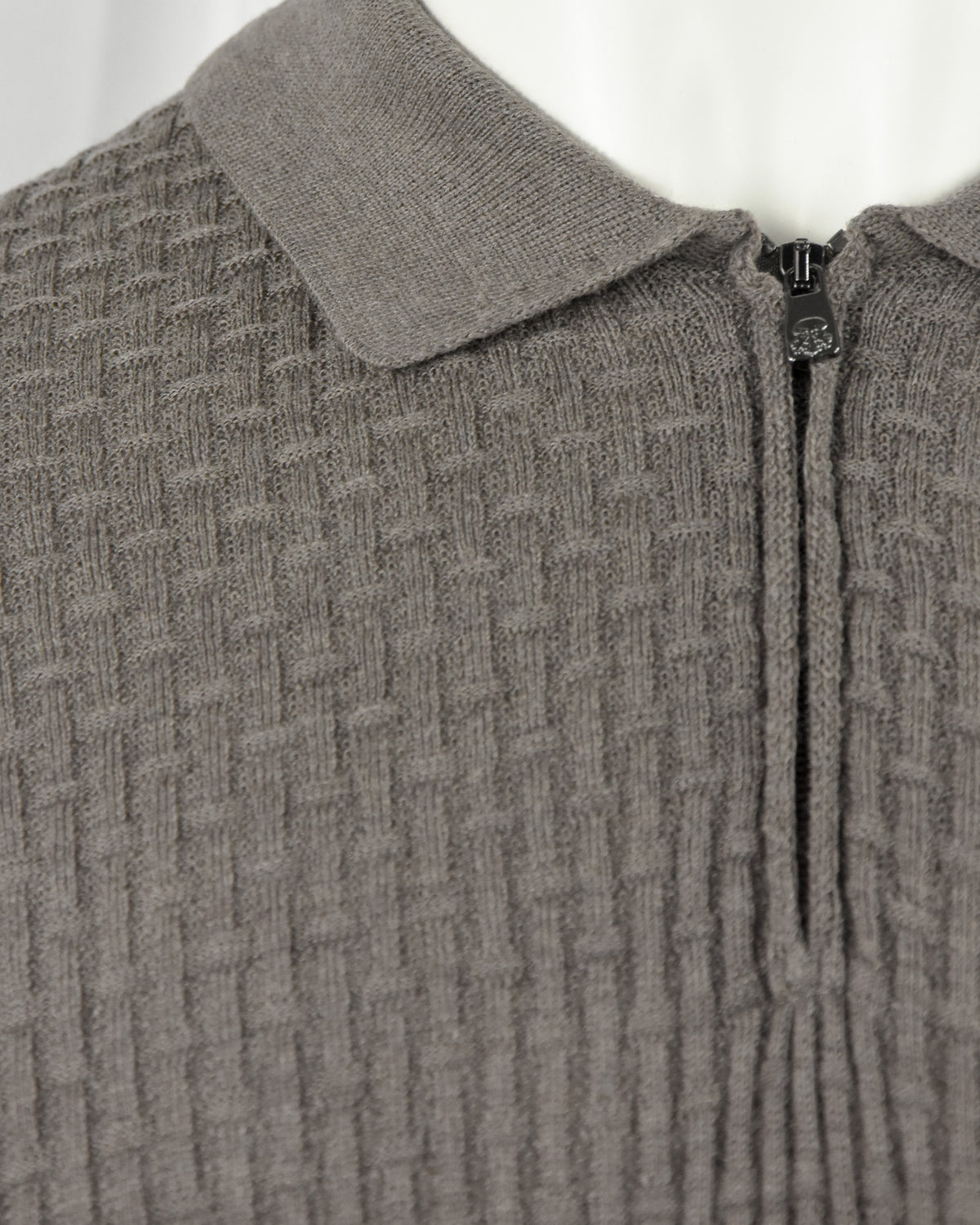 Corneliani taupe textured knit polo with stand collar and front zipper placket