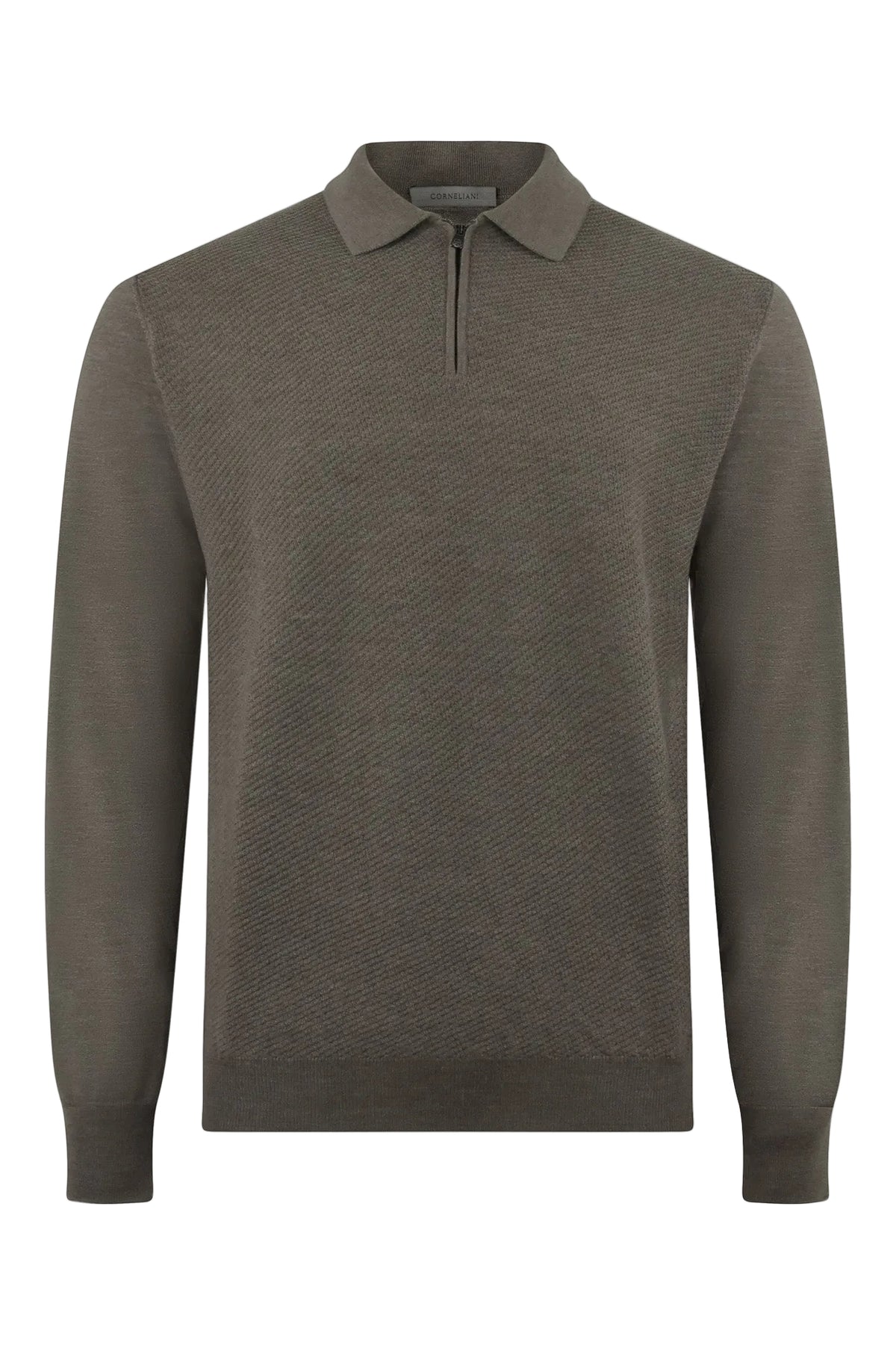 Taupe textured long-sleeve zip polo with mock collar