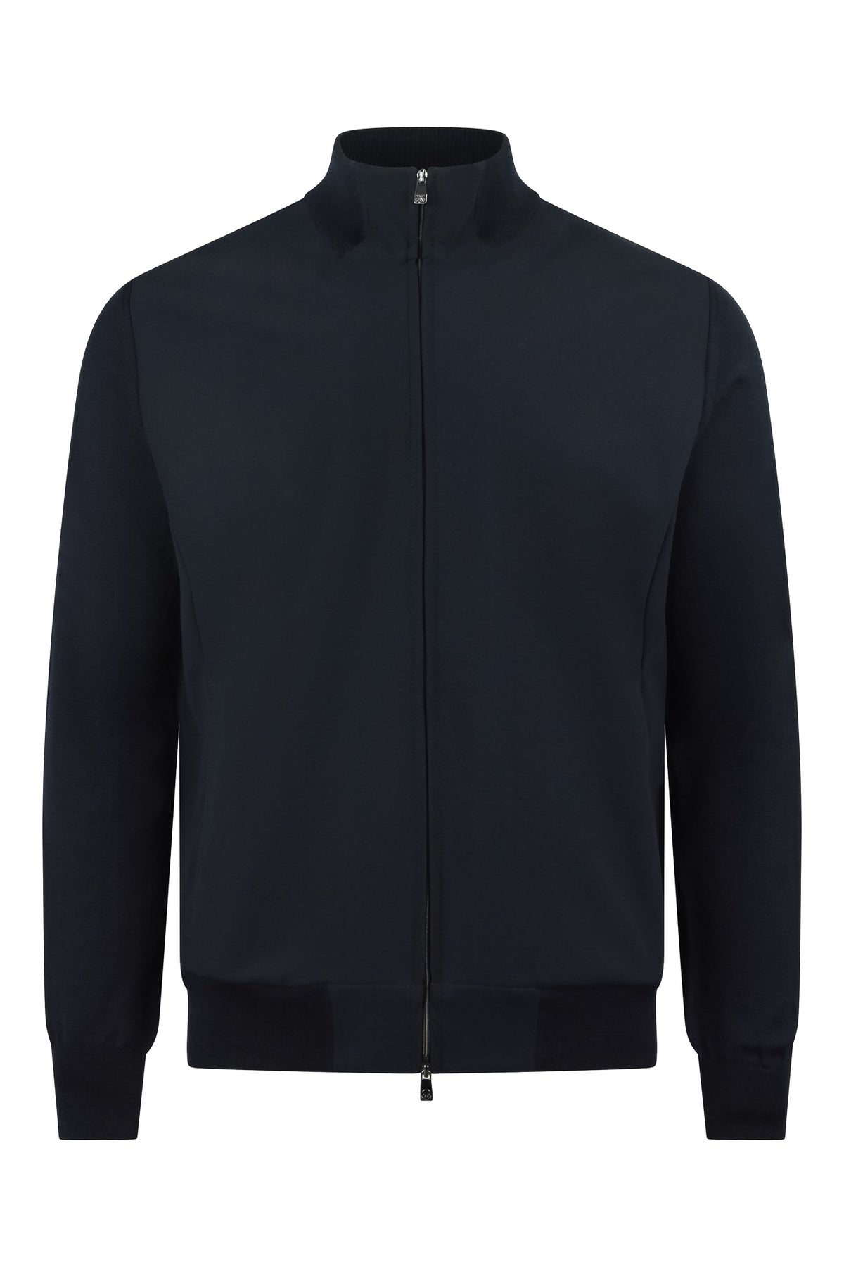Tech-knit hybrid jacket in dark navy with full-zip front and stand collar