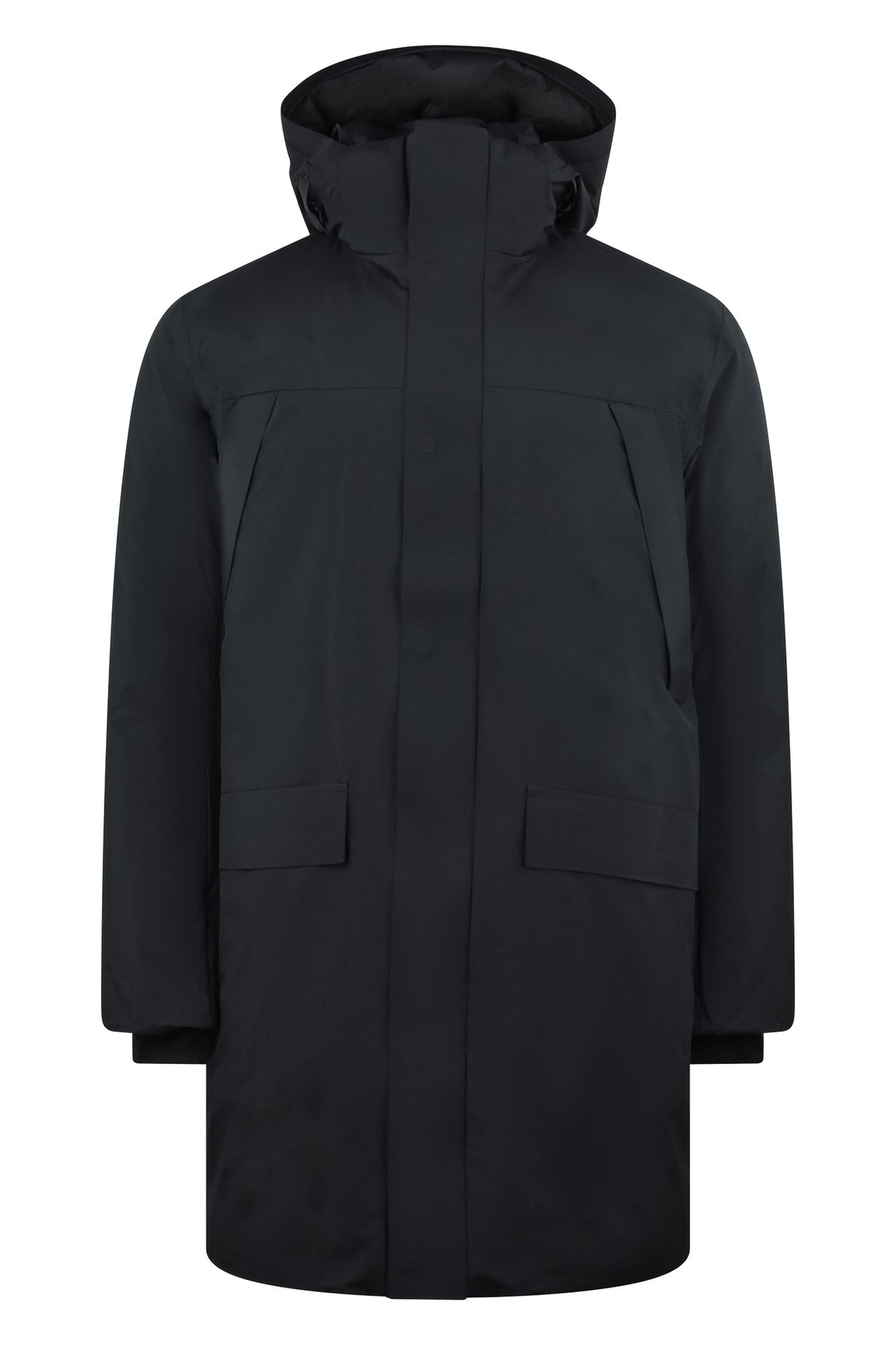 Black down parka with hood, front zipper, and two flap chest pockets