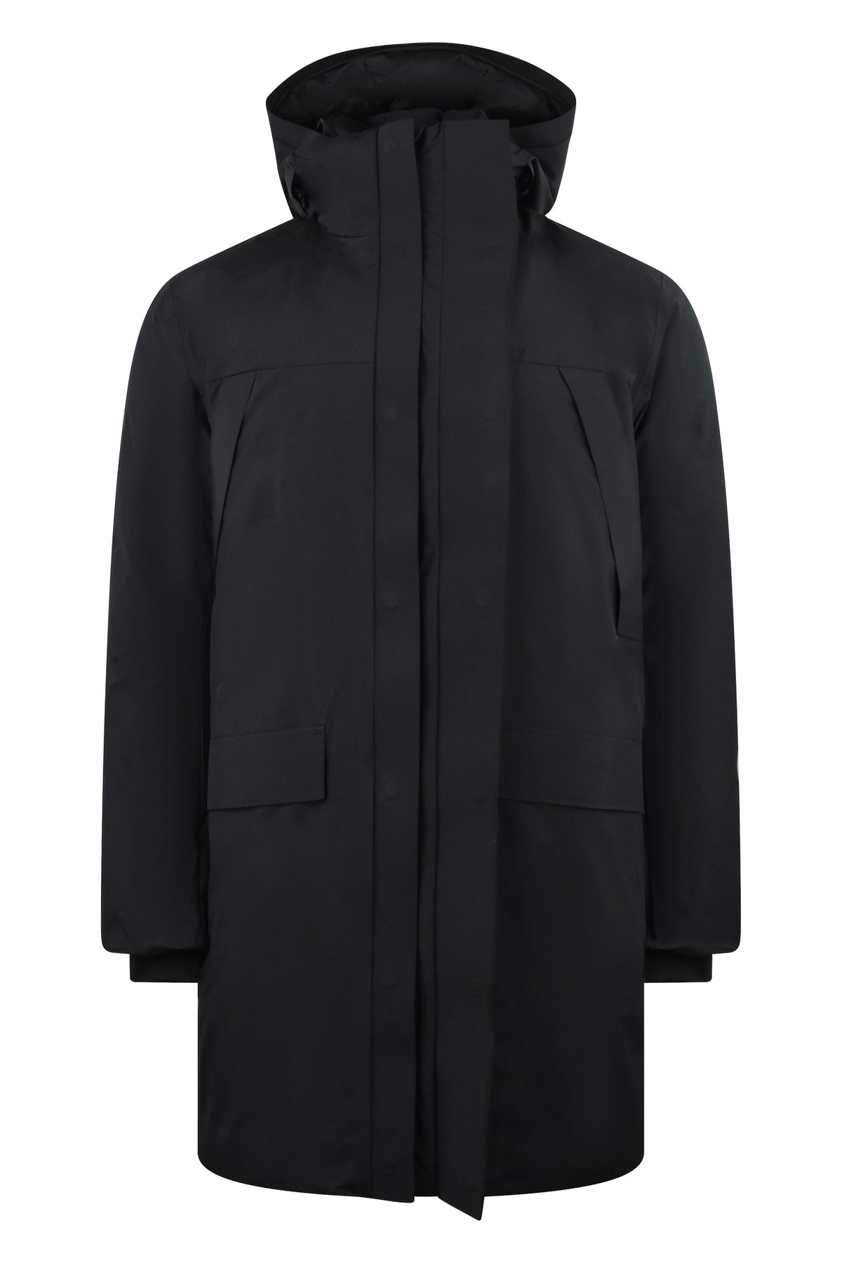 Black down parka with hood, center front zipper, and dual flap pockets