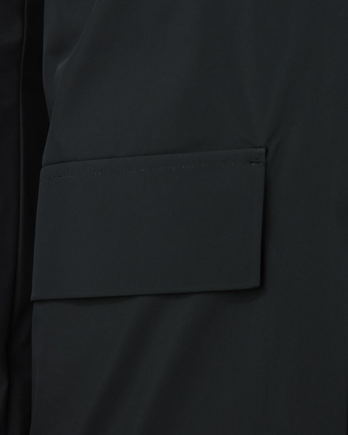 Black parka flap pocket close-up with straight stitched border