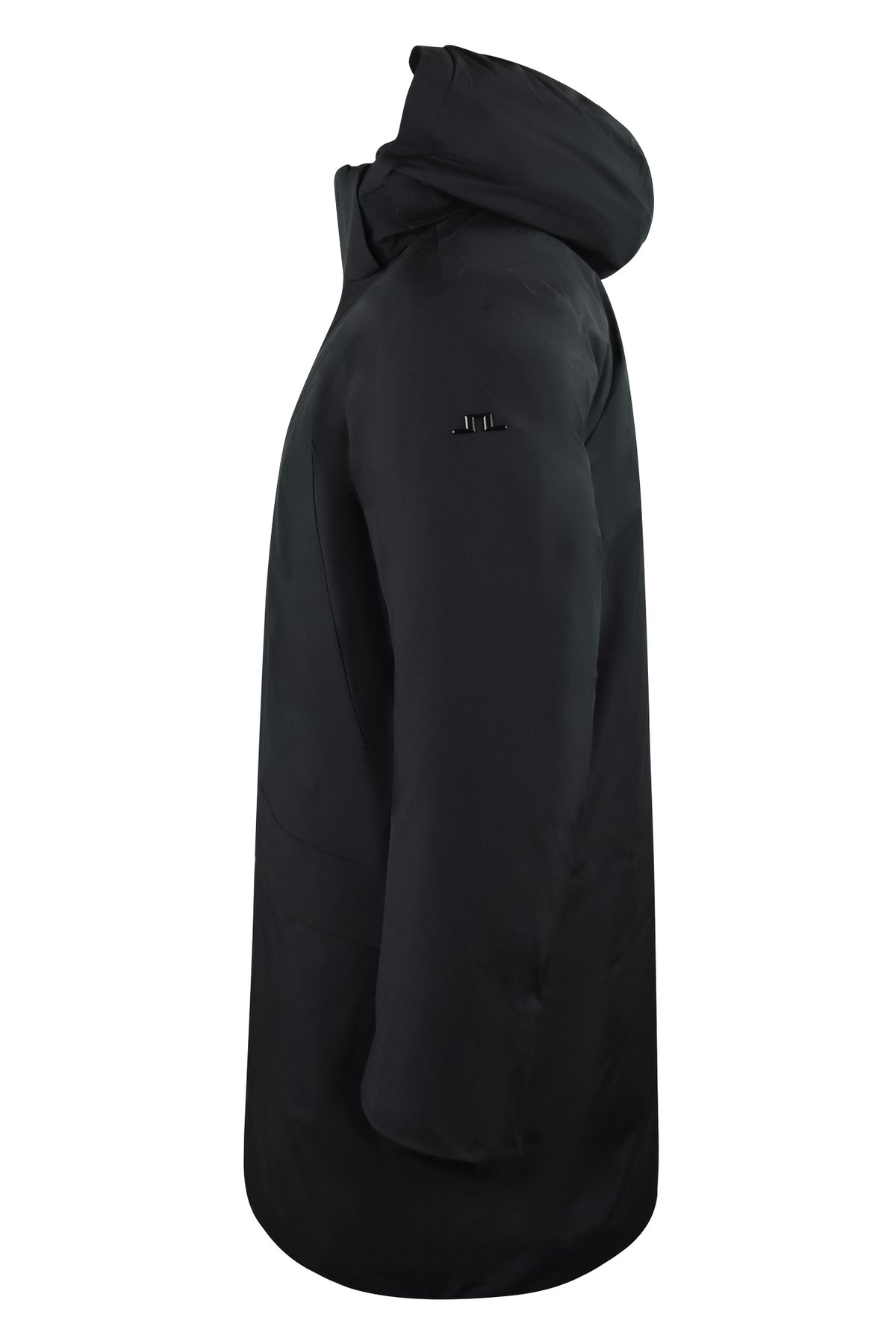 Black down parka side view with hood and extended straight sleeve