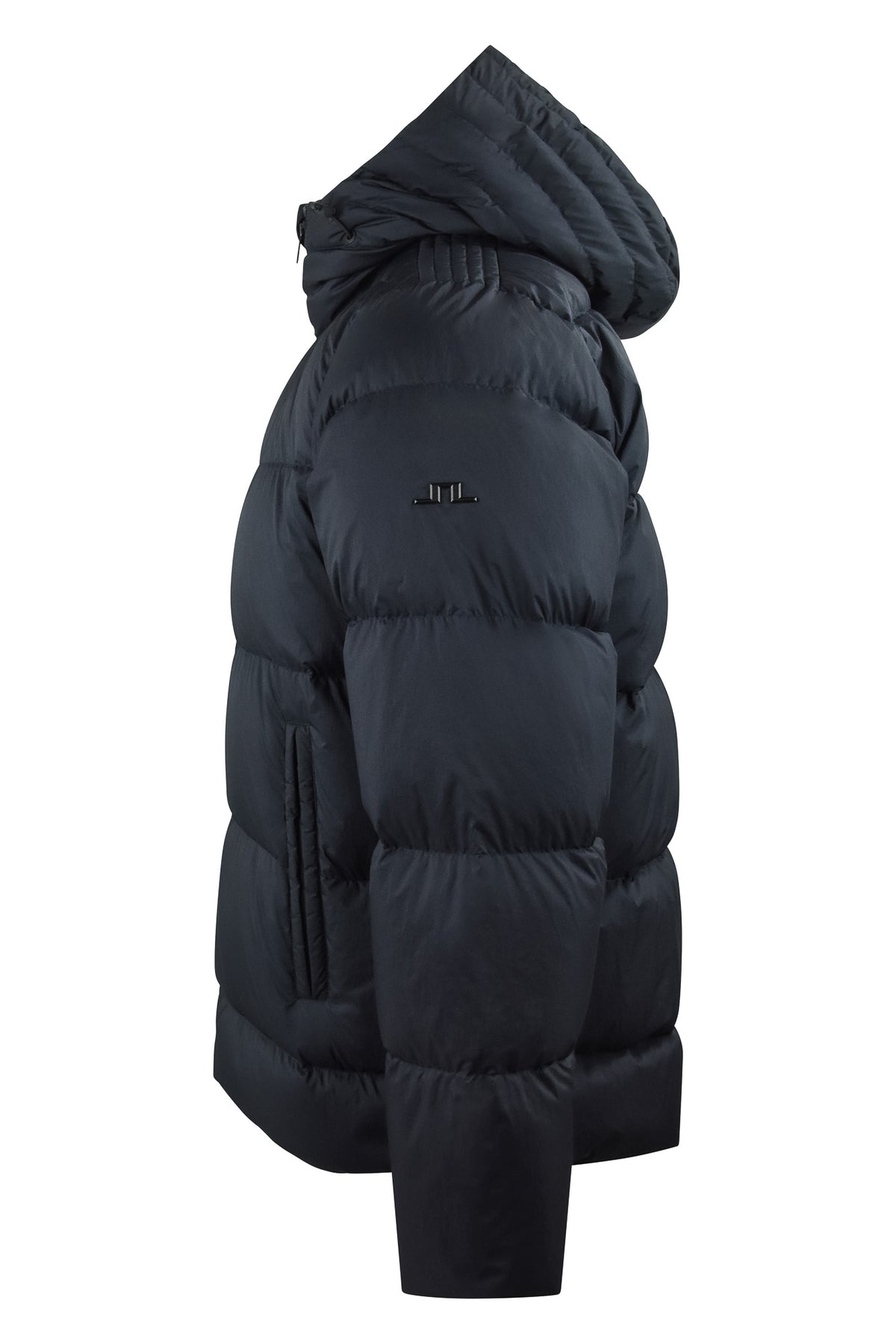 J.Lindeberg Daryl crinkle down jacket in dark navy, side view with adjustable hood