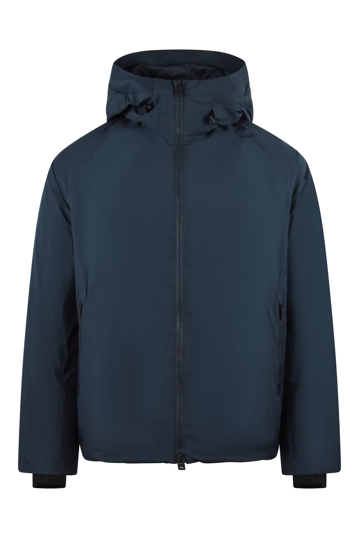 Navy down jacket with full-zip front and hood
