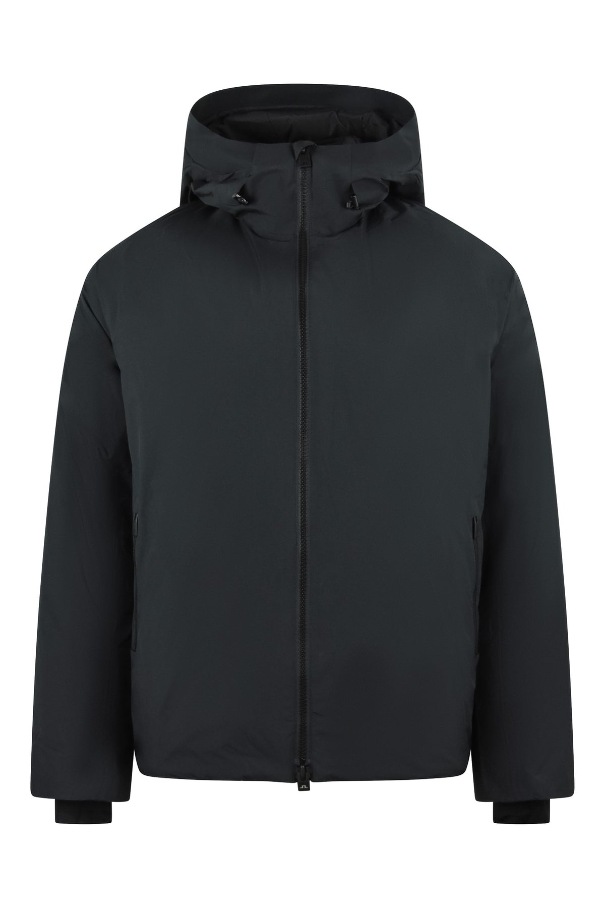 Black down jacket with high hood and full front zipper