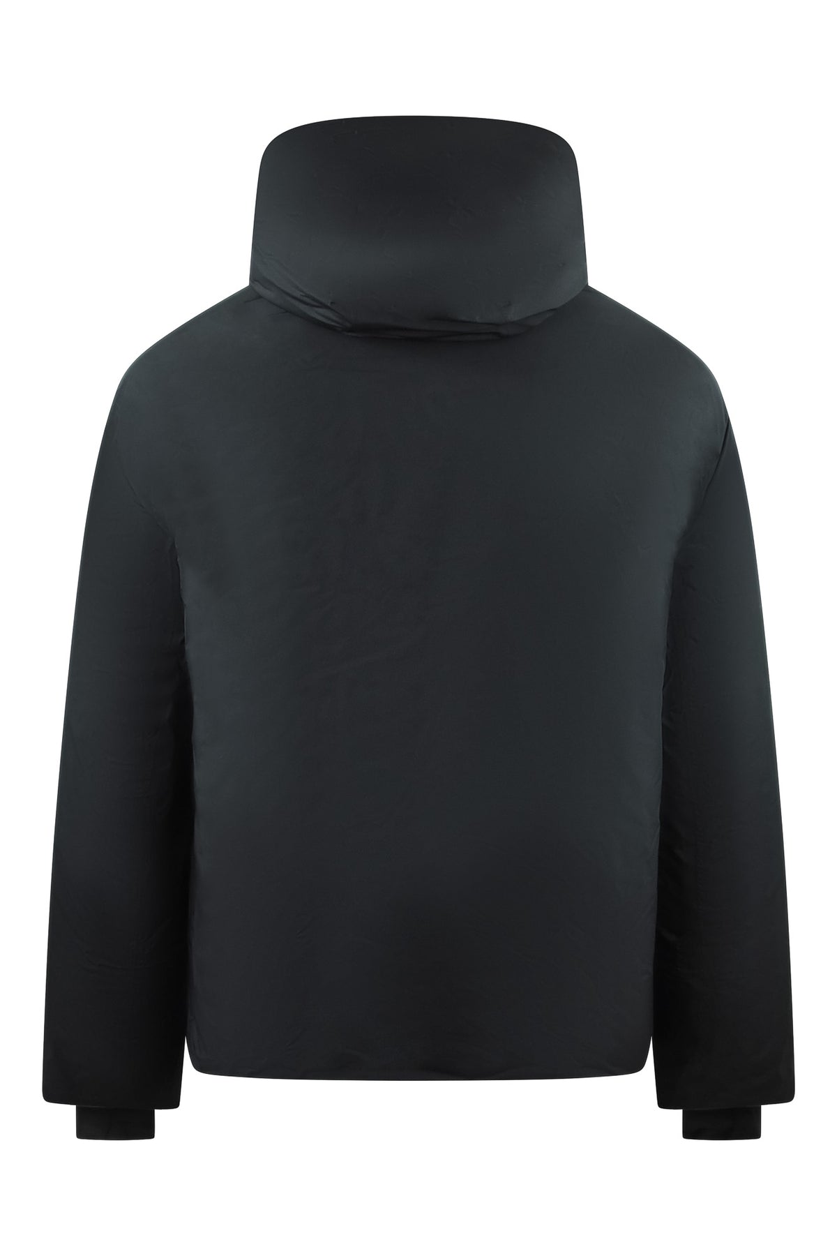 Black hooded down jacket with stand collar and front zip closure