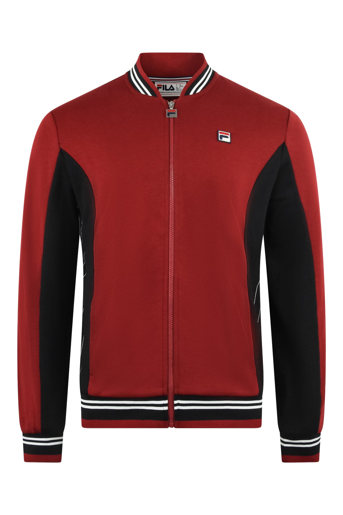 Red baseball track jacket with black side panels, zip front, striped collar and cuffs.