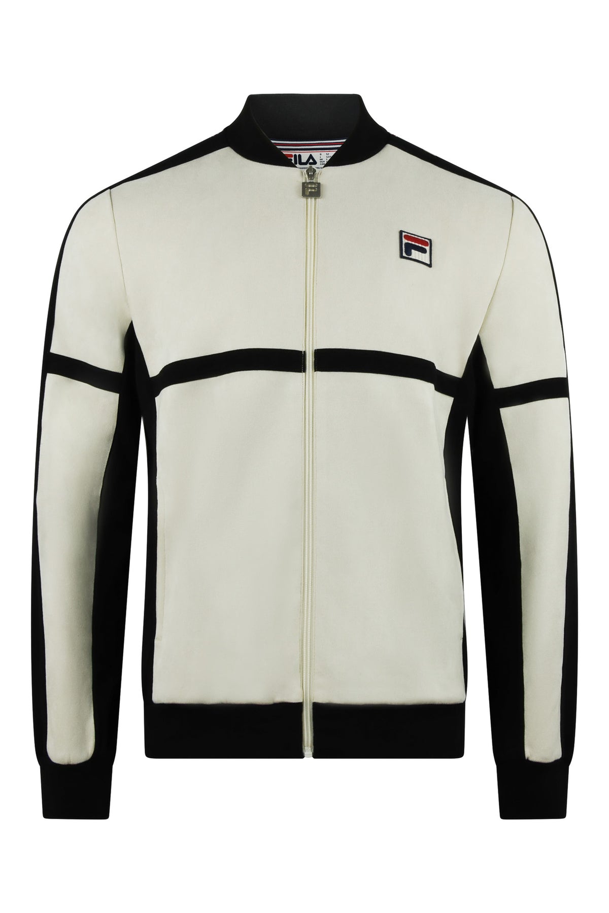Fila Isaac color block baseball jacket, cream body with black stripes and zip front