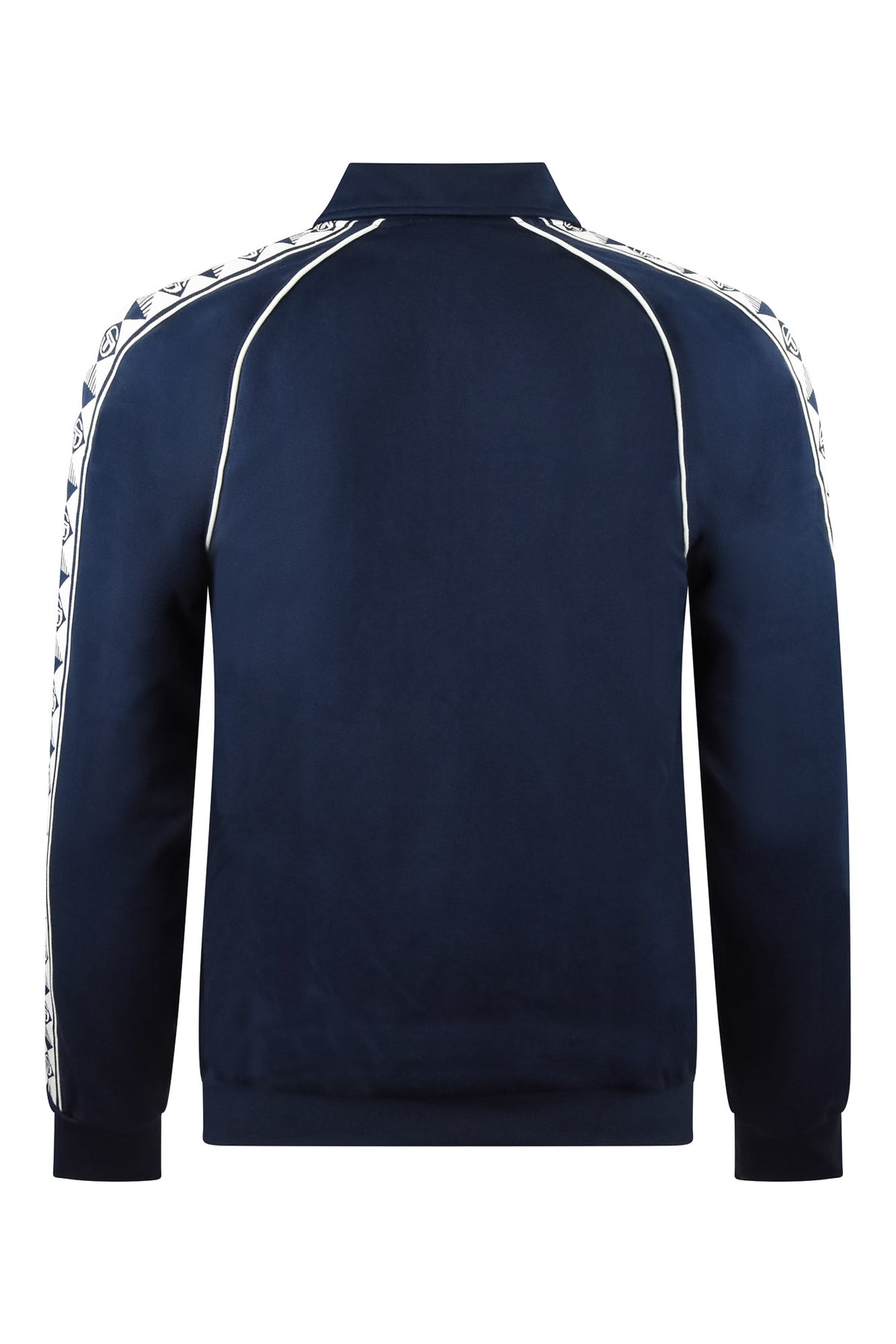 Men's navy track top with stand collar and back white tape stripe