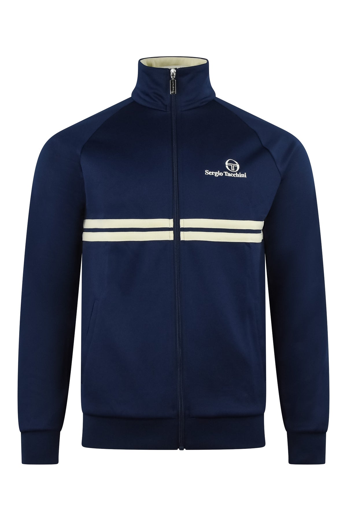 Navy track top jacket with stand collar, full zip, and cream stripe bands