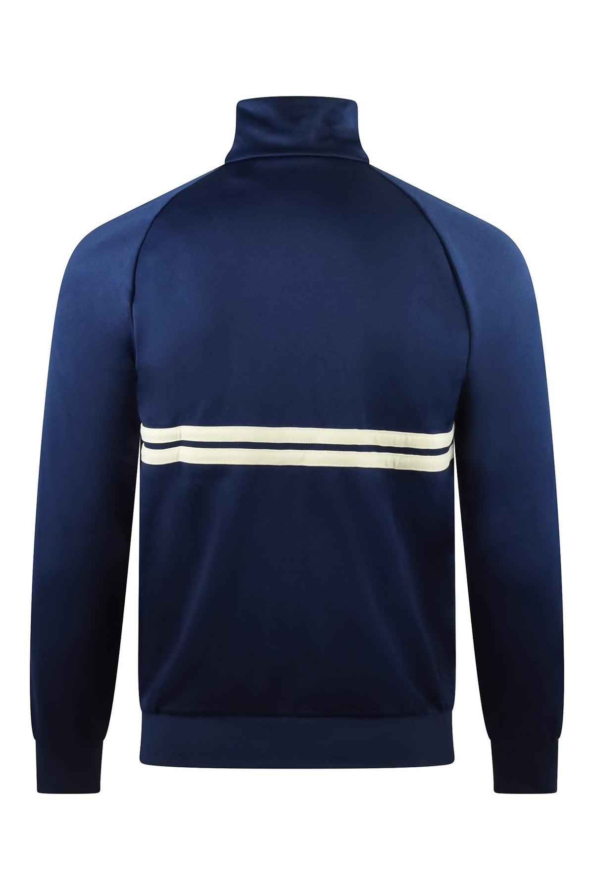 Navy track top jacket with stand collar, full zip, and cream stripe bands