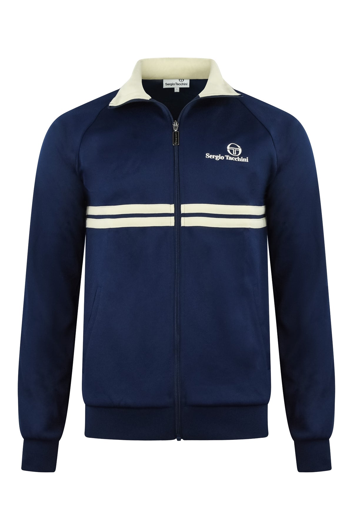 Navy track top jacket with cream stand collar, full zip, and stripe bands