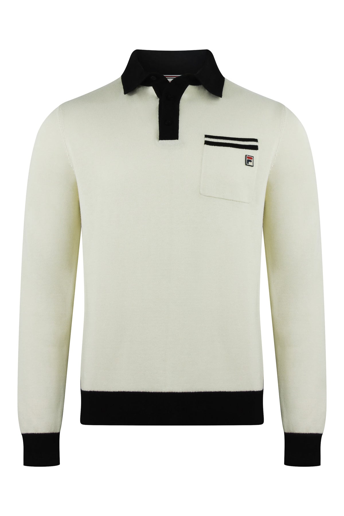 Cream knitted long-sleeve polo with black collar, button placket, and chest logo patch.