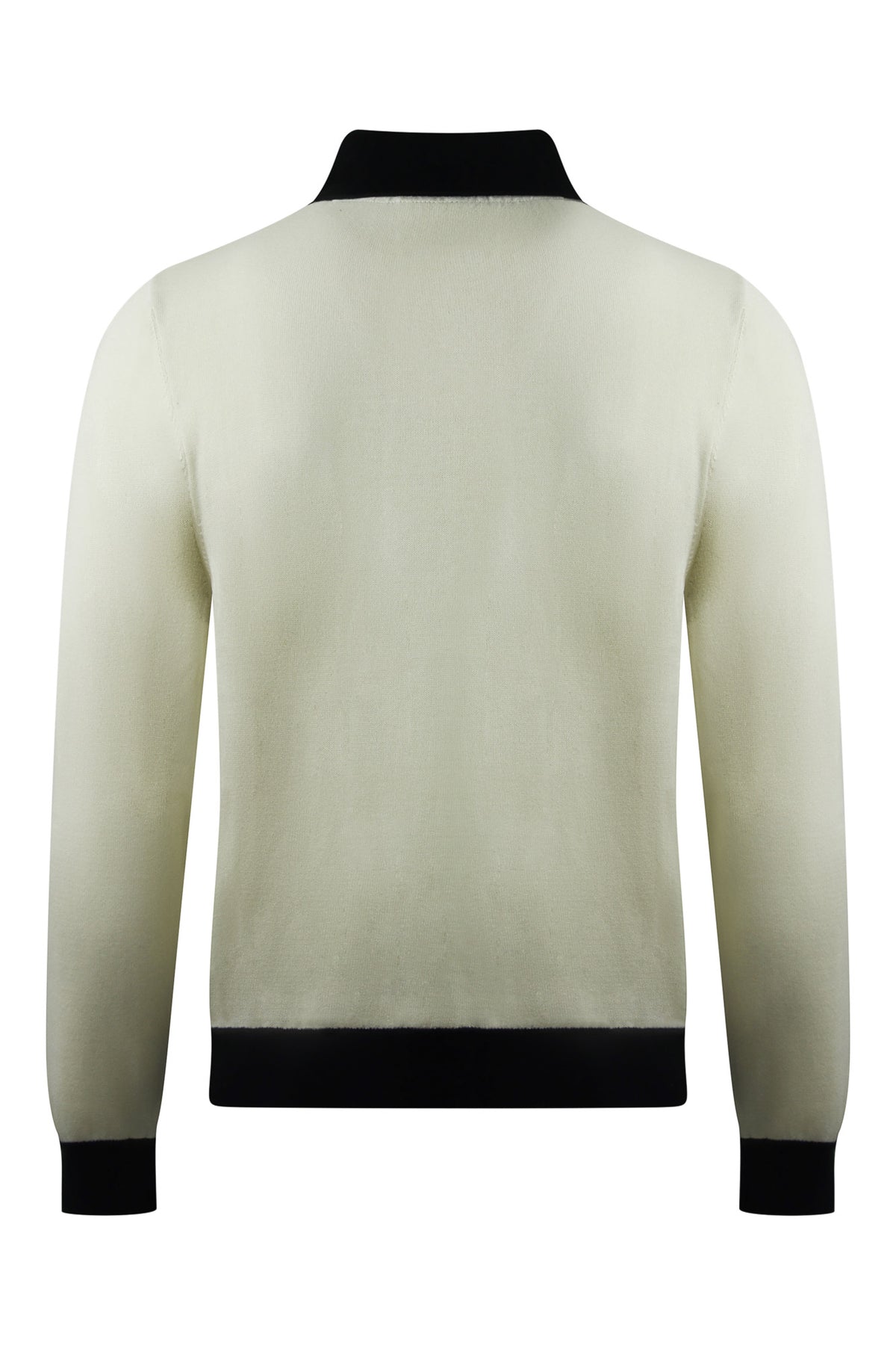 Cream knitted long-sleeve polo with ribbed black hem and cuffs.