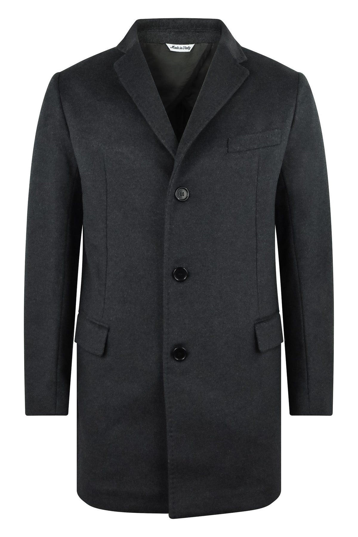 Charcoal grey wool-cashmere overcoat with notch lapel, front buttons, side pockets