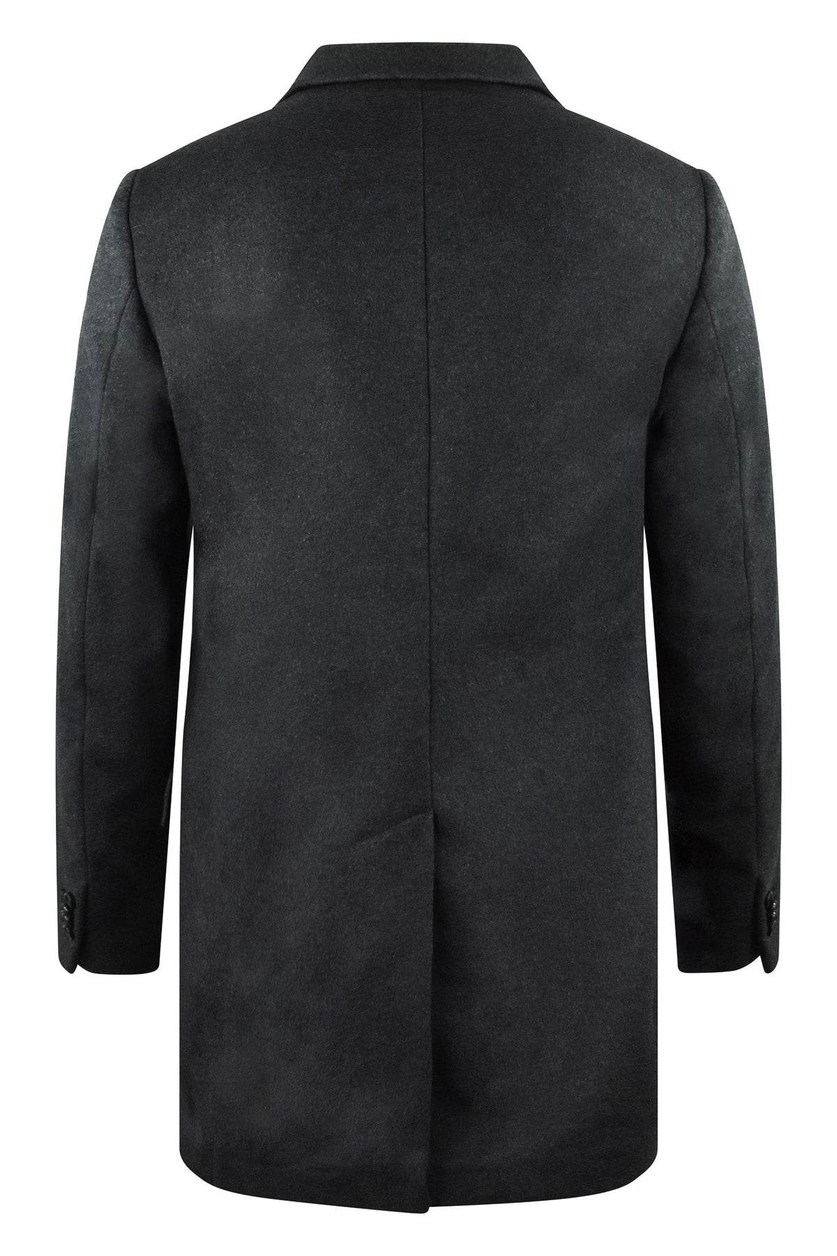 Charcoal grey wool-cashmere overcoat, back view with center seam and long sleeves
