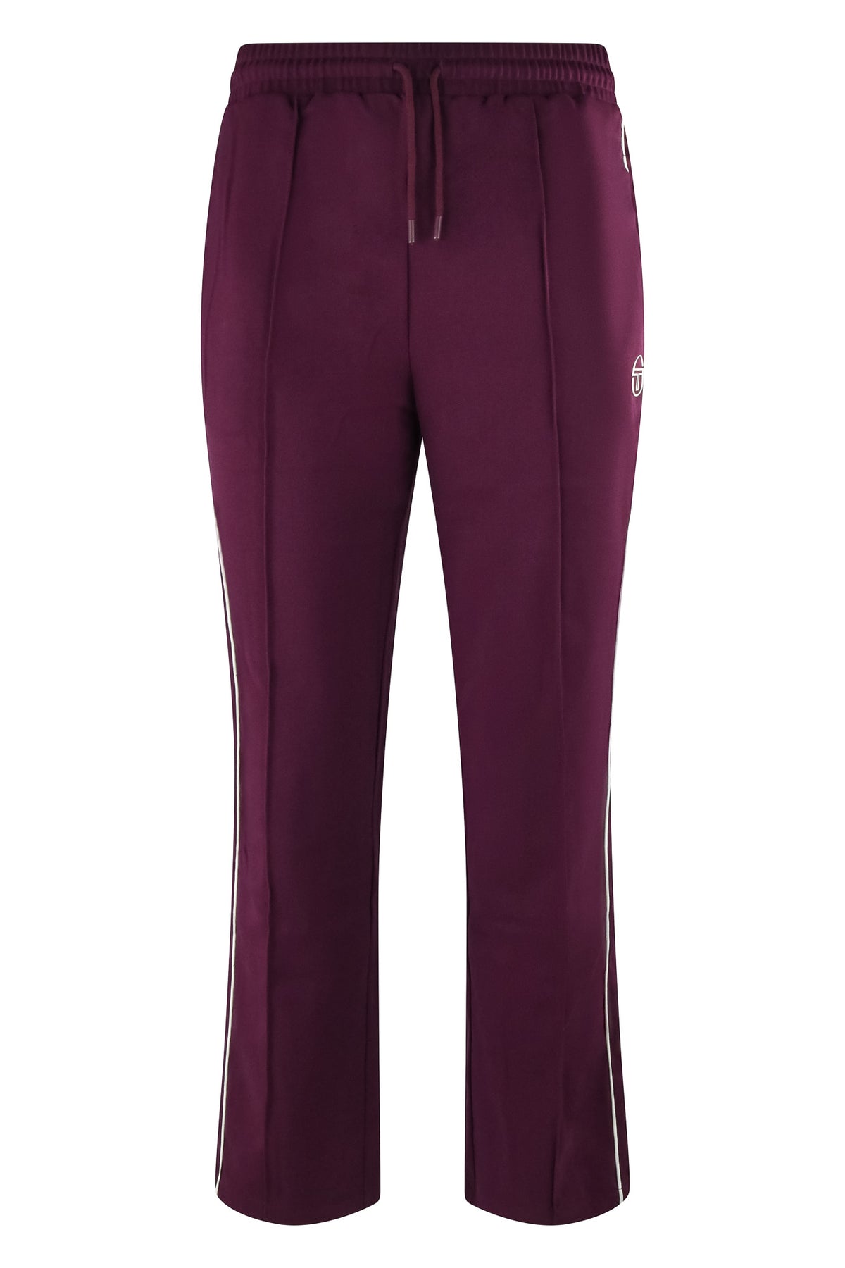 Purple track pants with drawstring waist and contrast side stripe