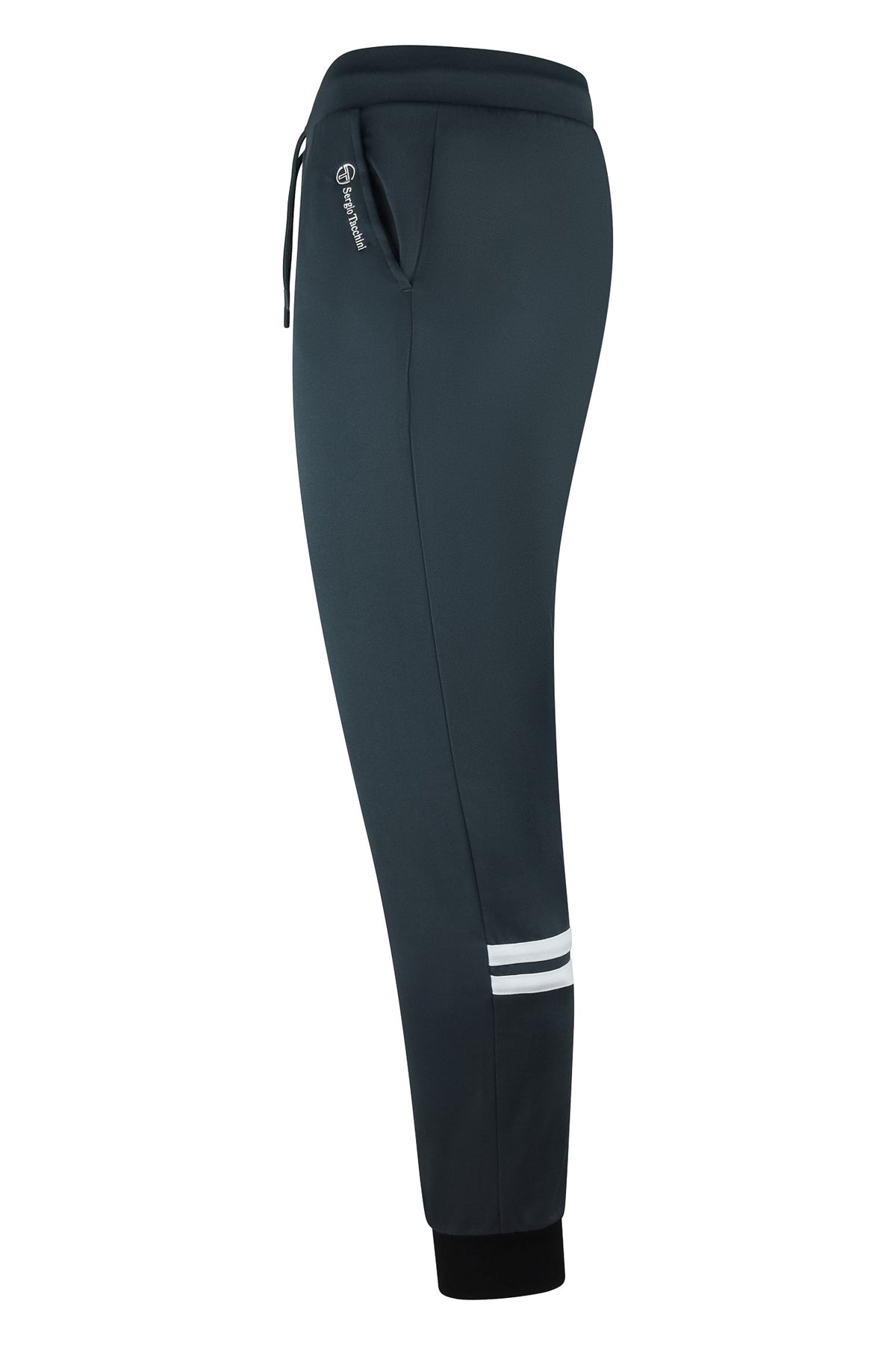 Men's track pants side view in dark teal with white stripe at cuffs