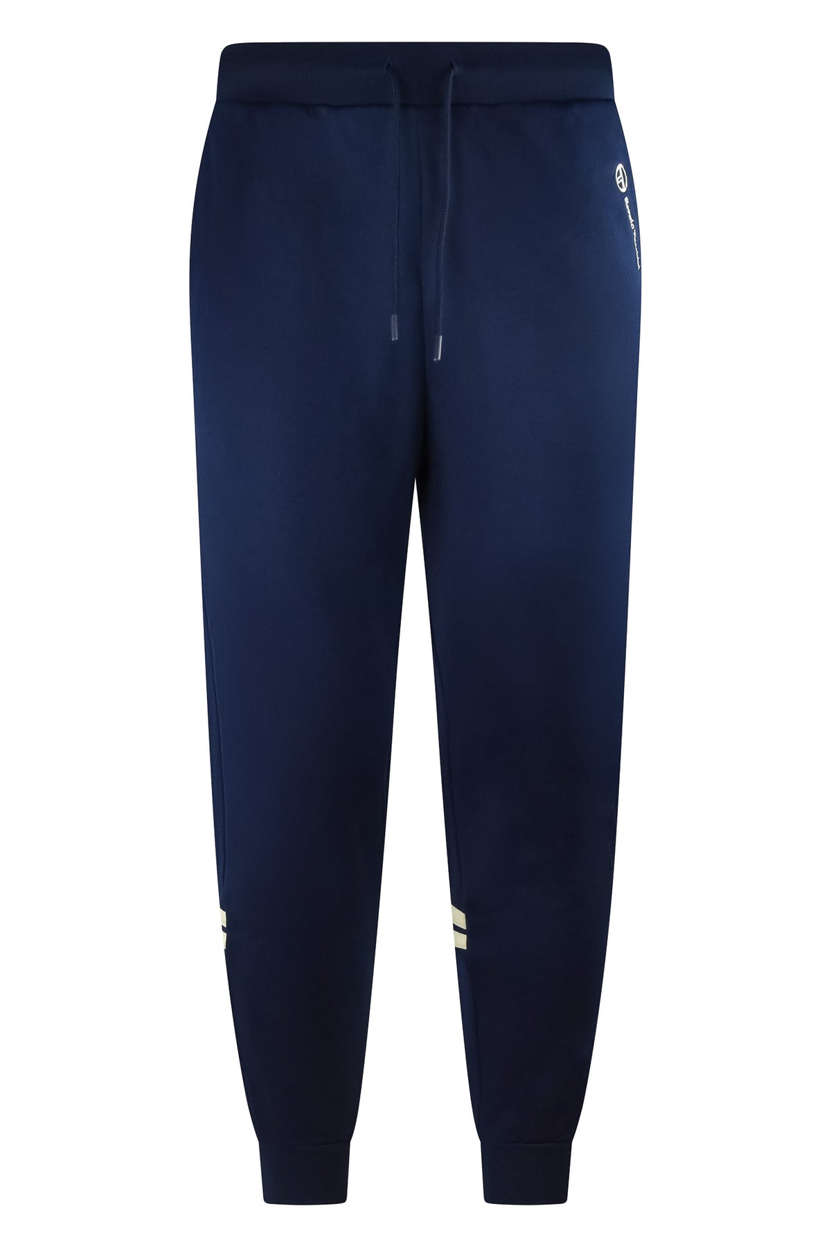 Navy blue track pants with elastic waist and drawstring, tapered ankle cuffs
