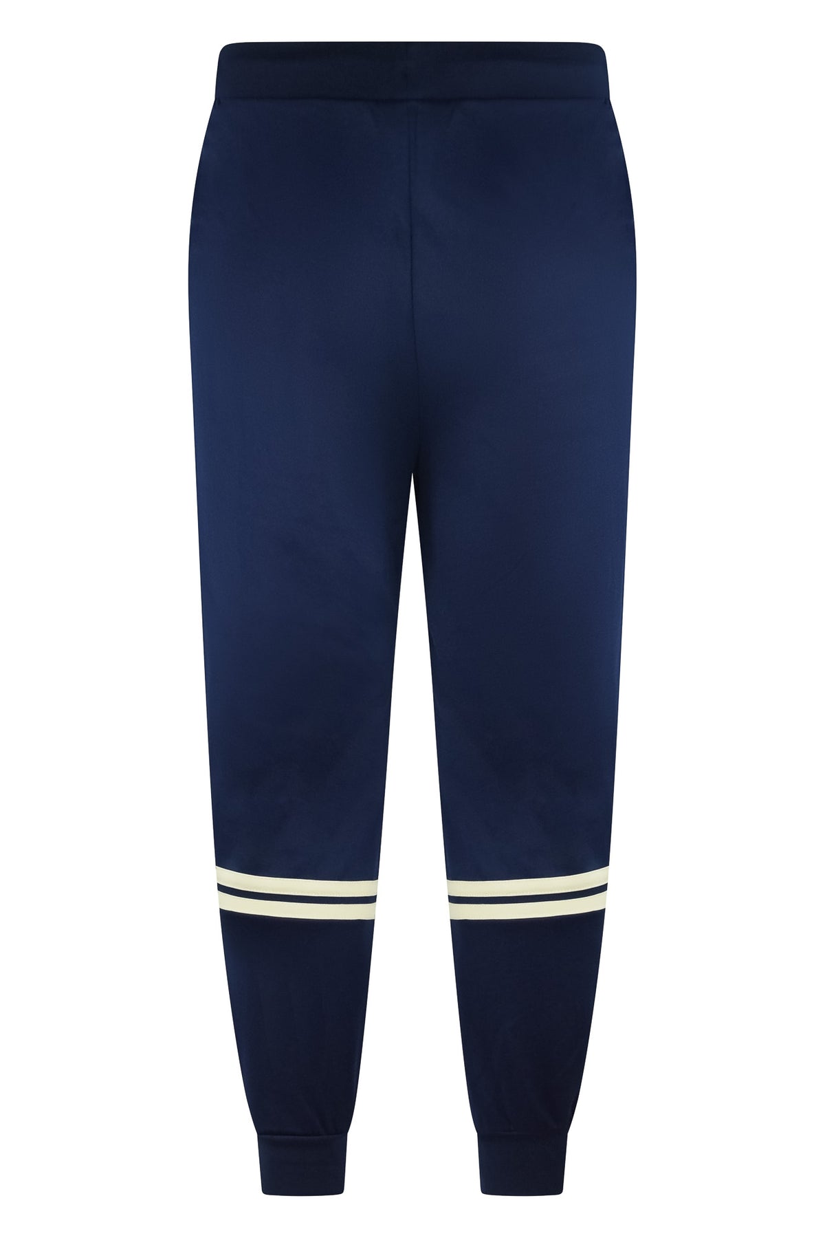 Navy blue track pants with striped cuffs and elastic waistband